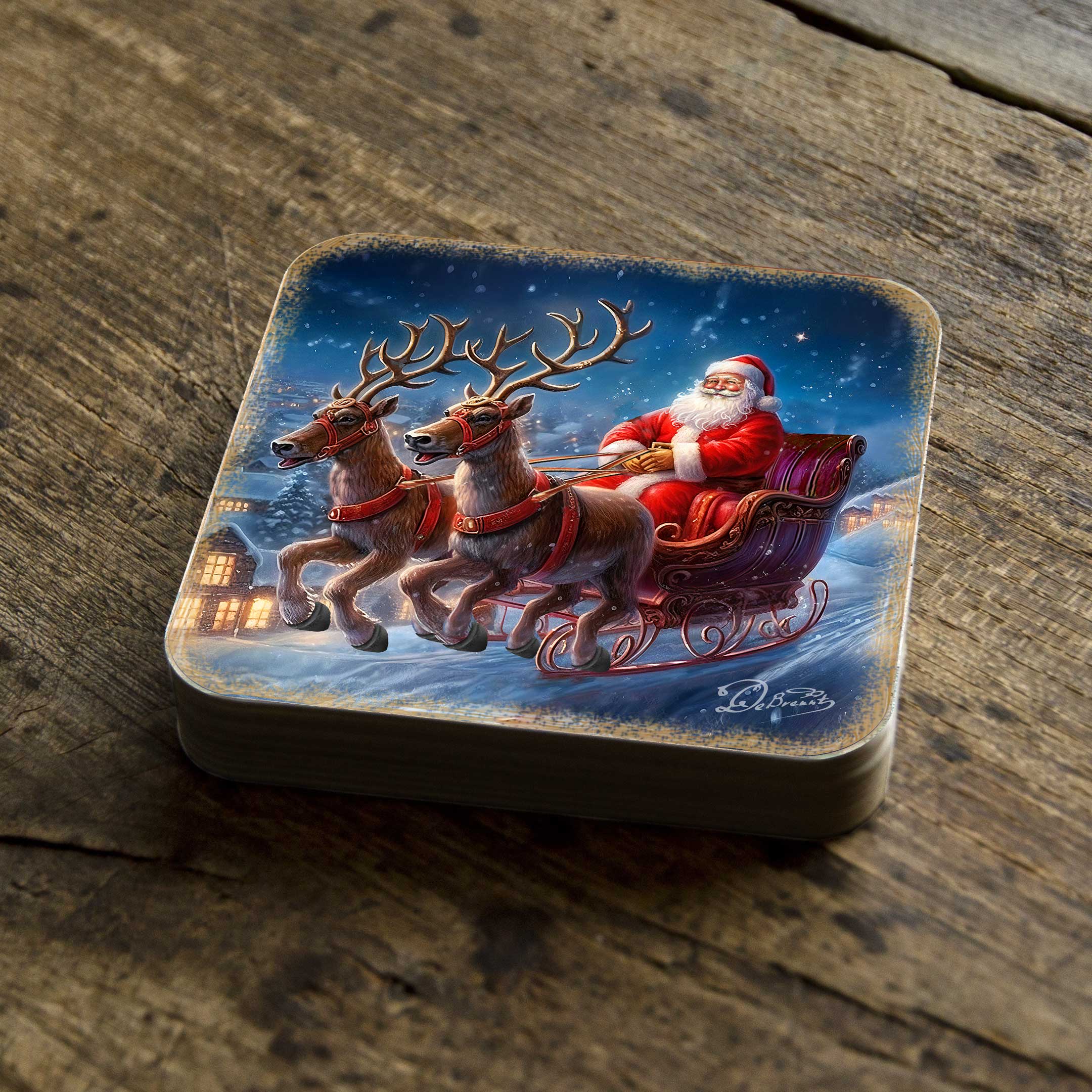 Santa's Sleigh Wooden Cork Coasters Gift Set of 4 by G. Debrekht - Santa Christmas Decor - 8199445C-S4