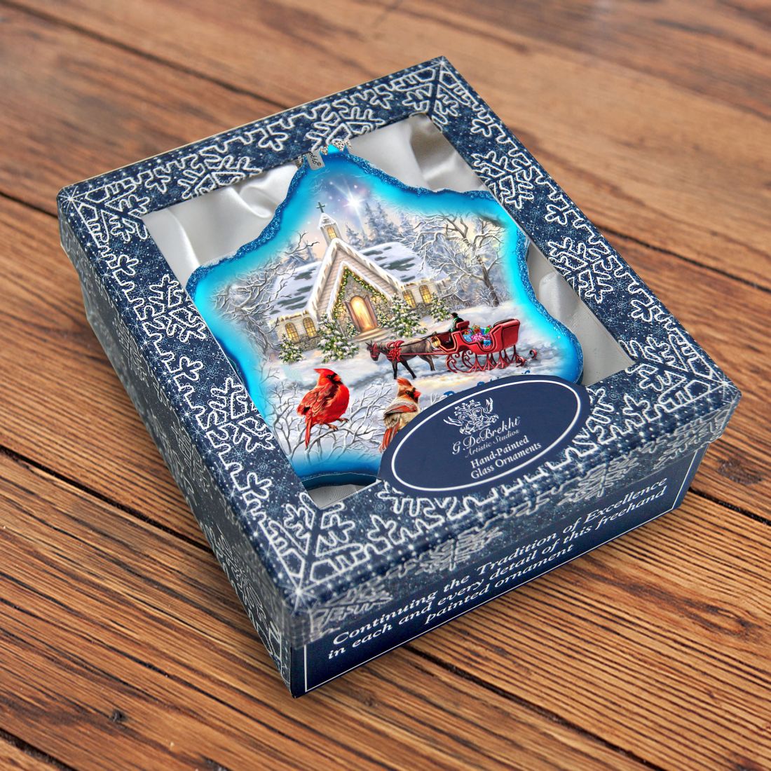 Sleigh Ride Snowflake Glass Ornament by D. Gelsinger - Christmas Santa Snowman Decor - 754-104-DG