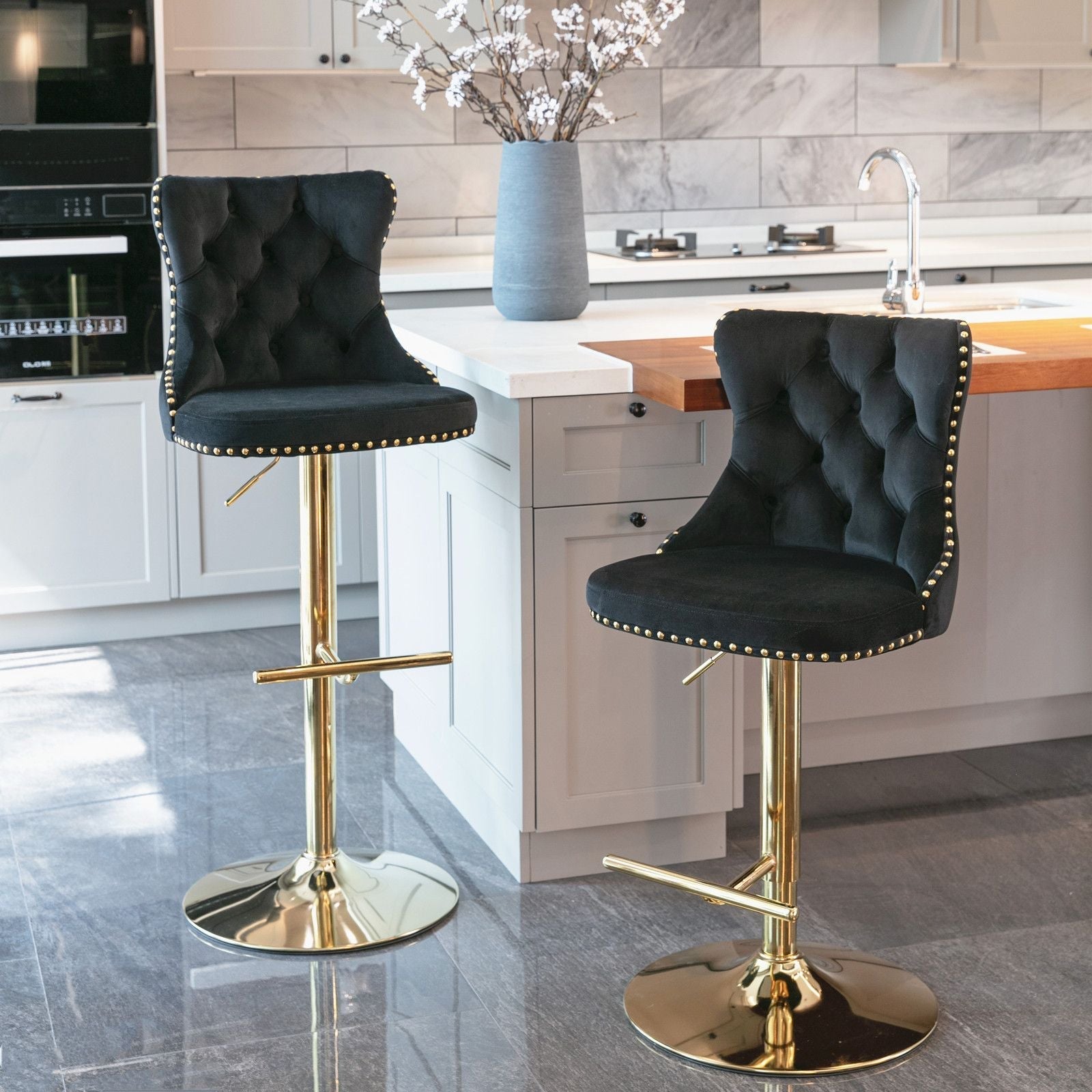A&A Furniture,Golden Swivel Velvet Barstools Adjusatble Seat Height from 25-33 Inch, Modern Upholstered Bar Stools with Backs Comfortable Tufted for Home Pub and Kitchen Island(Black,Set of 2)