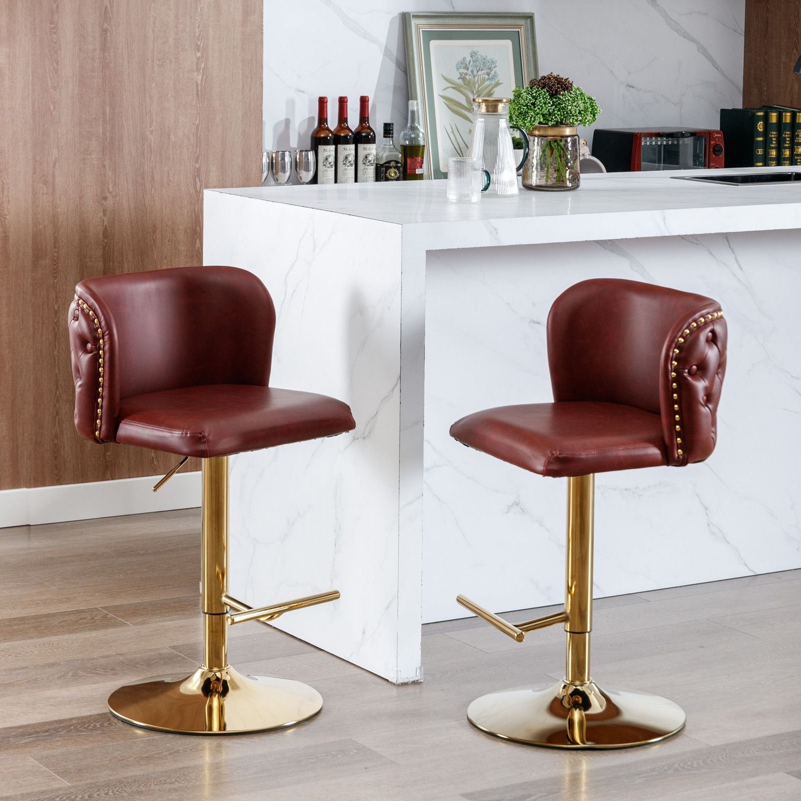 A&A Furniture,Swivel Barstools Adjusatble Seat Height, Modern PU Upholstered Bar Stools with the whole Back Tufted, for Home Pub and Kitchen Island(Wine Red, Burgundy, Set of 2)