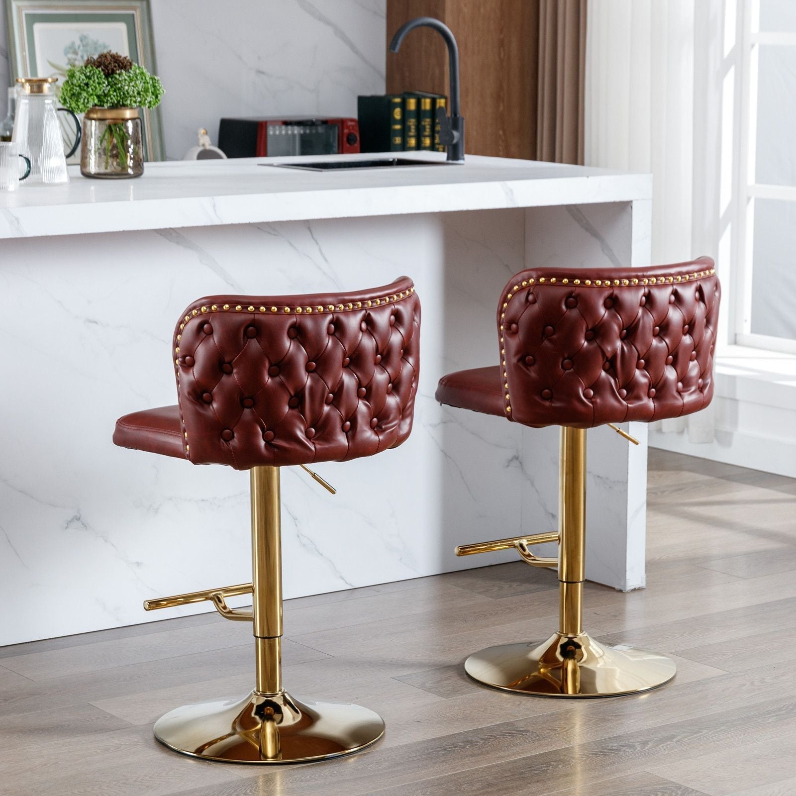 A&A Furniture,Swivel Barstools Adjusatble Seat Height, Modern PU Upholstered Bar Stools with the whole Back Tufted, for Home Pub and Kitchen Island(Wine Red, Burgundy, Set of 2)
