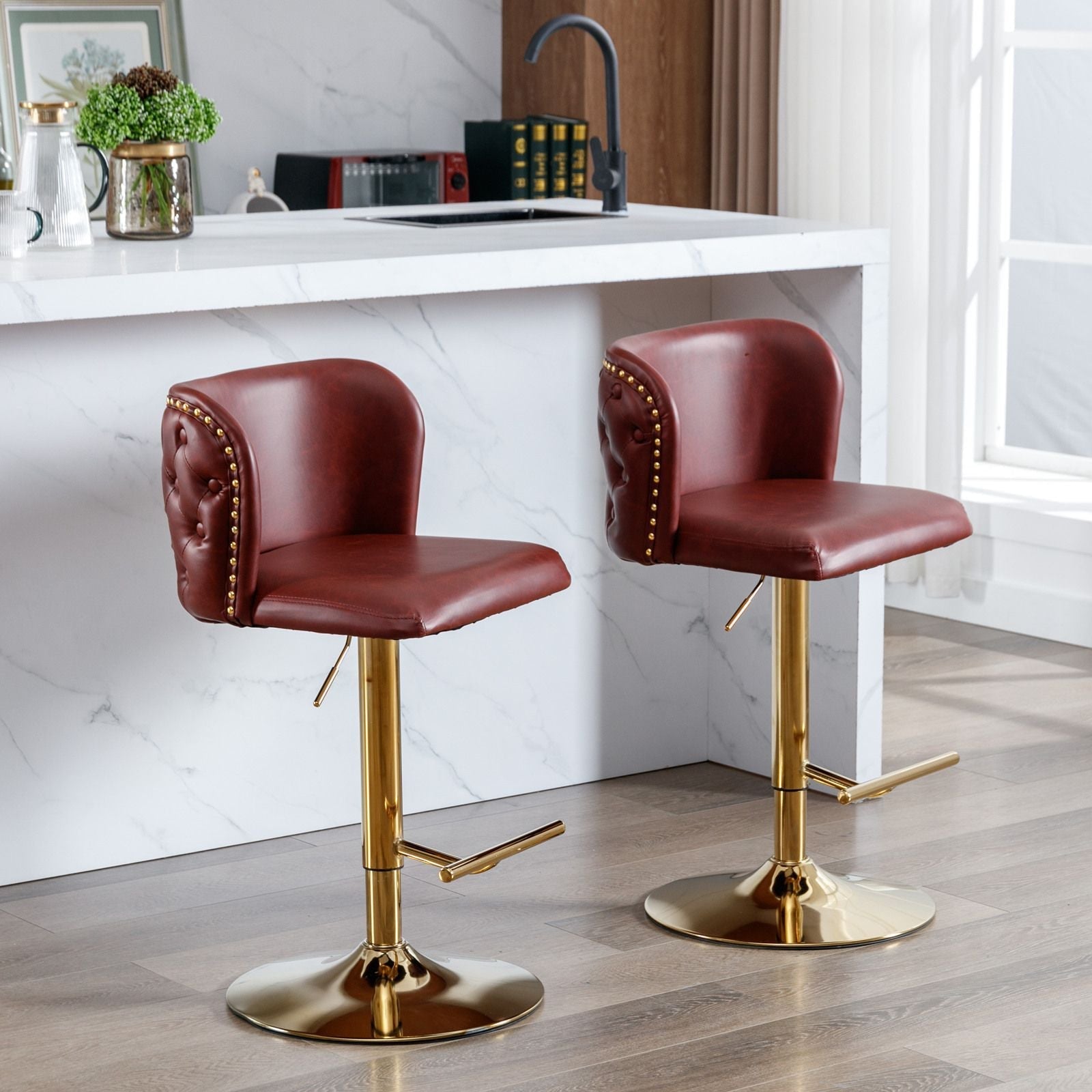 A&A Furniture,Swivel Barstools Adjusatble Seat Height, Modern PU Upholstered Bar Stools with the whole Back Tufted, for Home Pub and Kitchen Island(Wine Red, Burgundy, Set of 2)