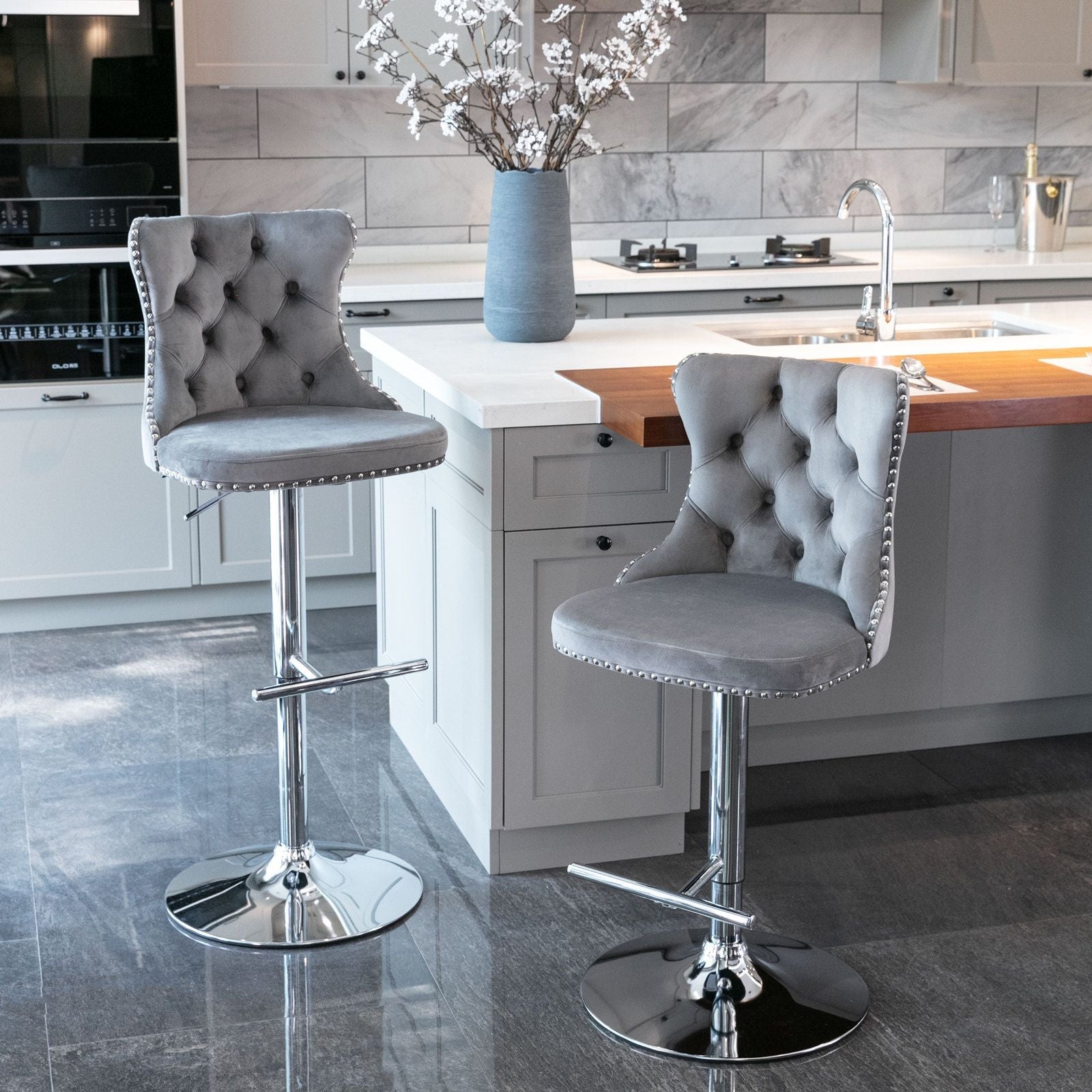 A&A Furniture,Swivel Velvet Barstools Adjusatble Seat Height from 25-33 Inch, Modern Upholstered Chrome base Bar Stools with Backs Comfortable Tufted for Home Pub and Kitchen Island(Gray,Set of 2)