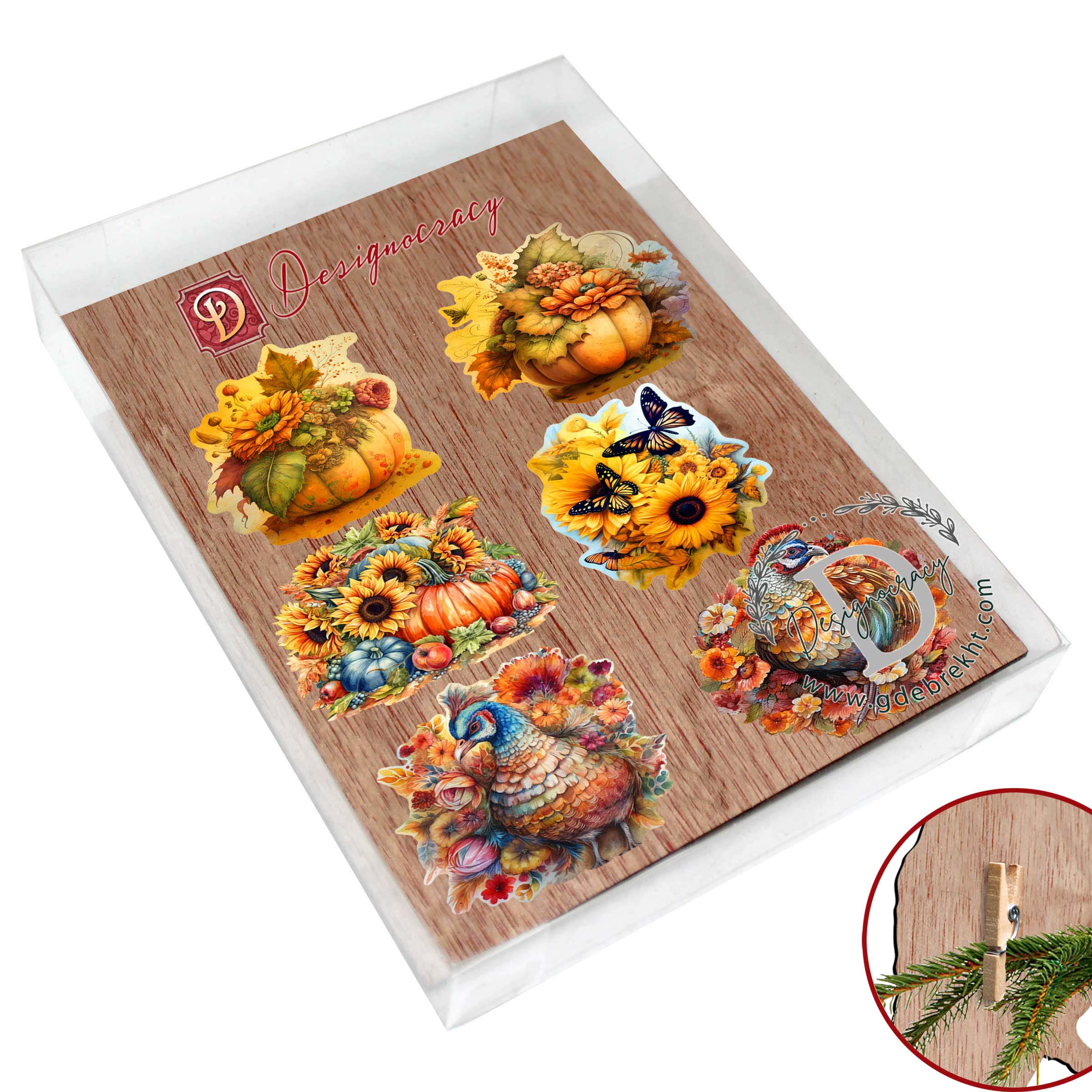 Happy Thanksgiving Decorative Wooden Clip-on Ornaments of 6 by G. Debrekht - Thanksgiving Decor - 8090018C-S6