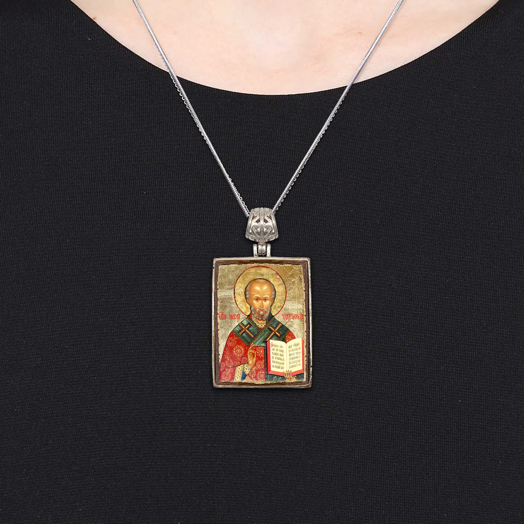 Saint Nick Religious Jewelry Silver Plated Necklace, Gold-Plated Wooden Cabochon - Christian Sacred Icon - Inspirational Icon Decor - 43021R
