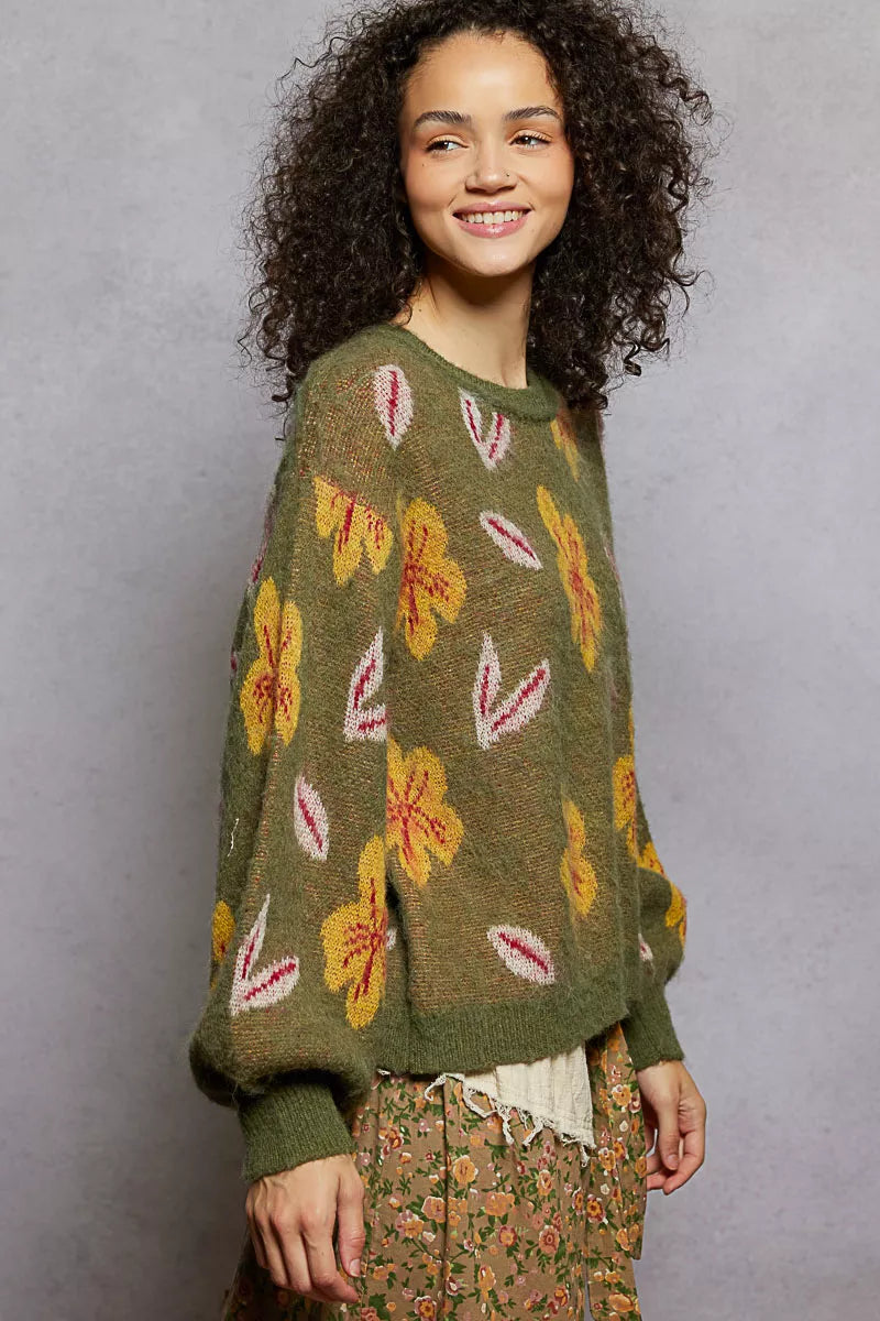 POL Floral Pattern Round Neck Balloon Sleeve Sweater