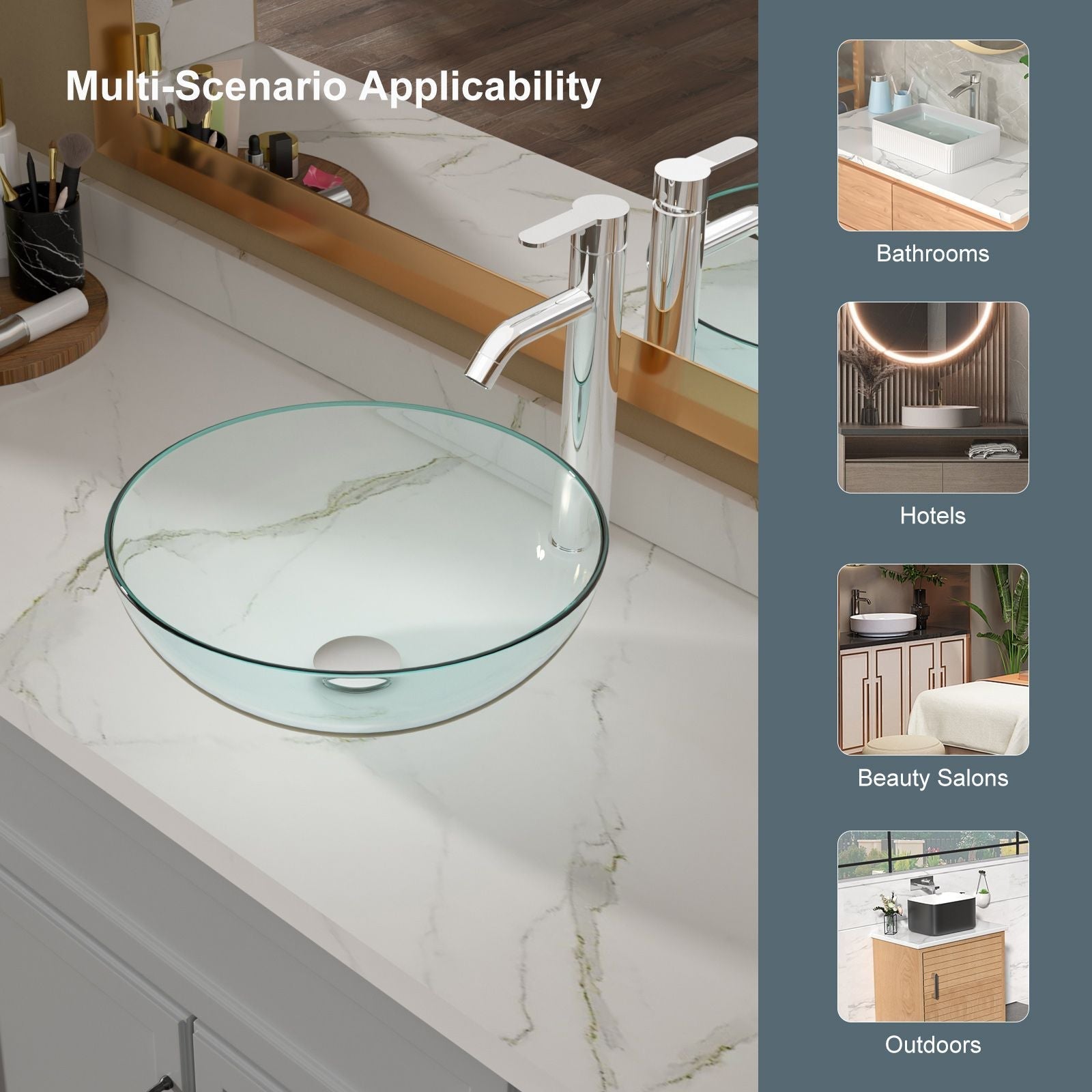 Above Counter Artistic Tempered Glass Bathroom Sink Transparent Counter Top Bathroom Single Bowl Vessel Basin