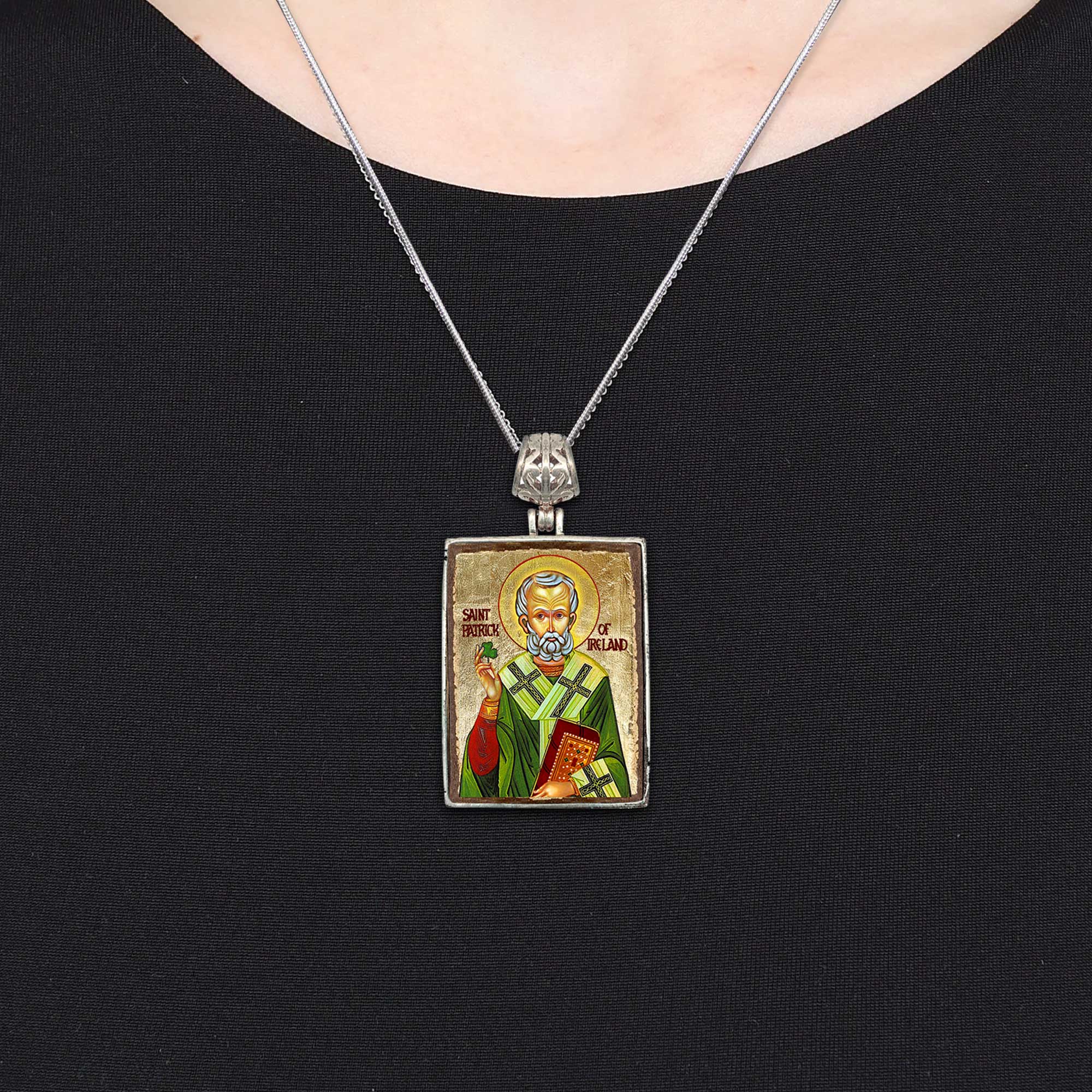 Saint Patrick Religious Jewelry Silver Plated Necklace, Gold-Plated Wooden Cabochon - Celtic Sacred Icon - Celtic Decor - 43060R