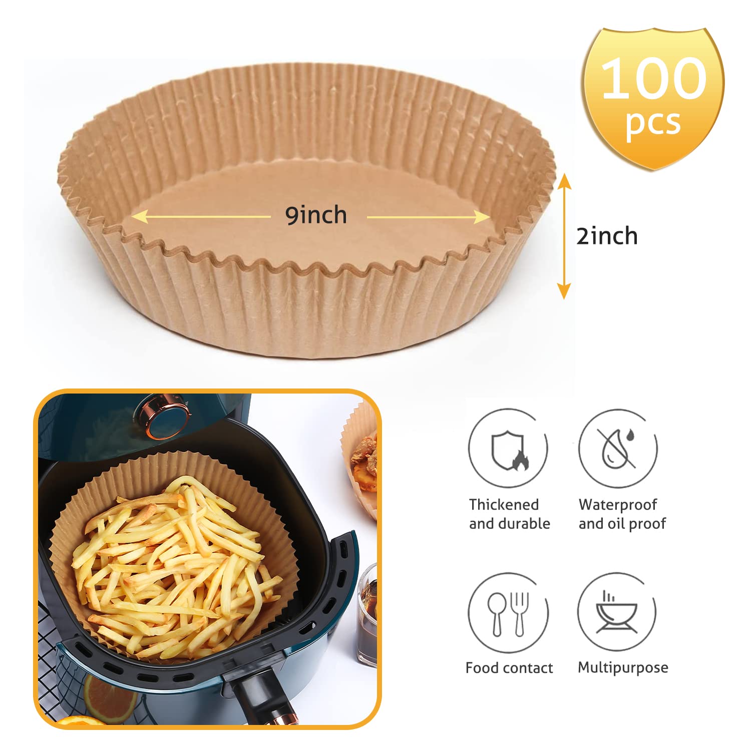 Ailun Air Fryer Paper Liners 8inch, 100PCS Non-Stick Parchment Paper,Oil Resistant,Disposable Food Grade Free of Bleach Paper Round for 5-8 QT Air Fryer Baking Roasting Microwave