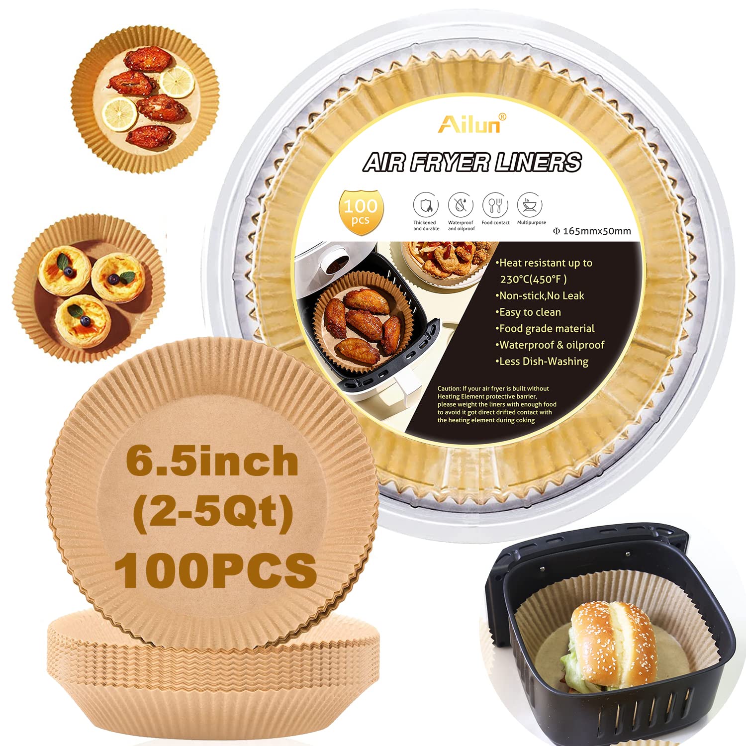 Ailun Air Fryer Paper Liners 8inch, 100PCS Non-Stick Parchment Paper,Oil Resistant,Disposable Food Grade Free of Bleach Paper Round for 5-8 QT Air Fryer Baking Roasting Microwave