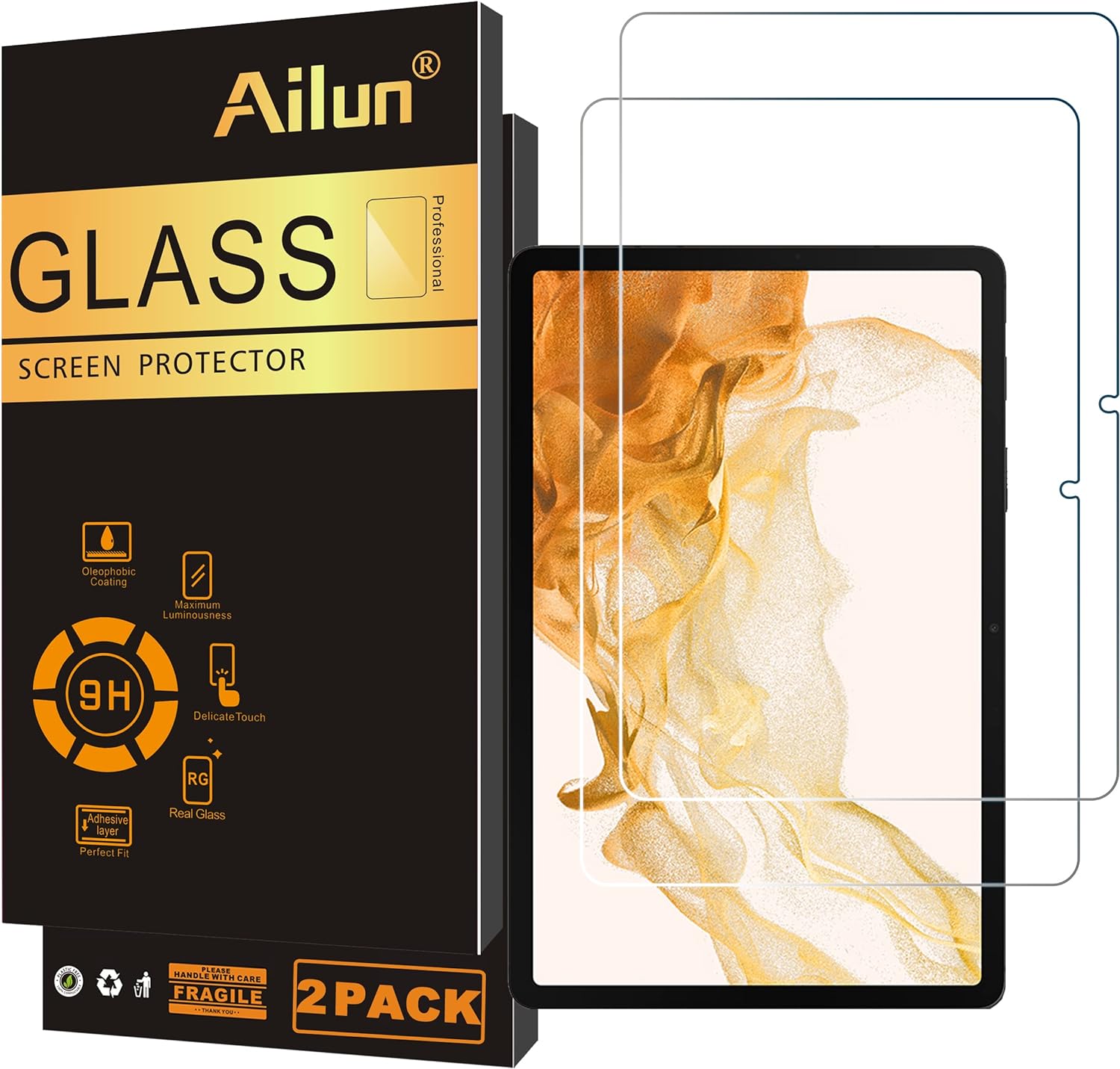 Ailun Screen Protector for Galaxy Tab S8 Plus/S7 FE/S7+, 12.4 inch 2Pack Tempered Glass 9H Hardness 2.5D Edge Ultra Clear Anti Scratch Case Friendly