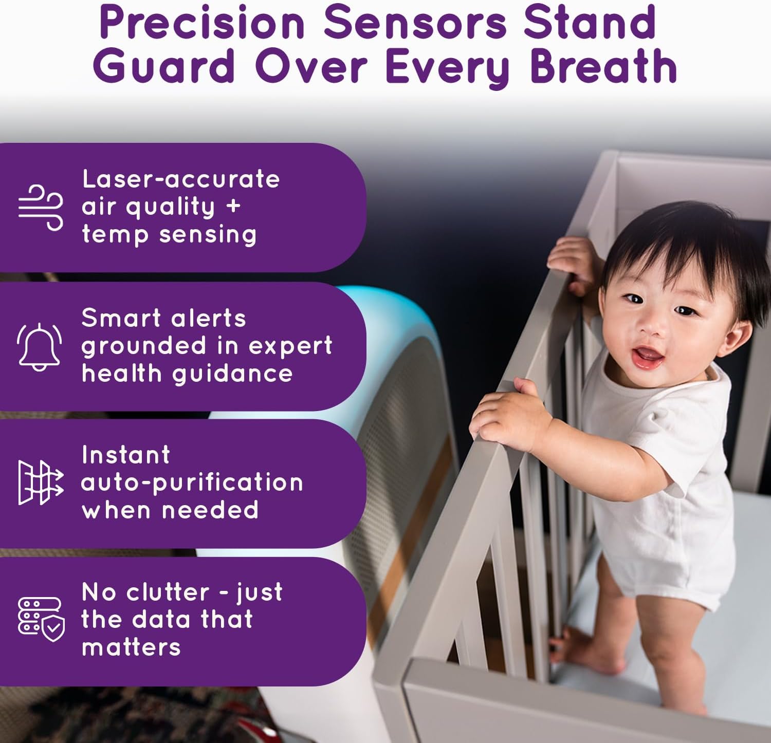 Air Purifier for Baby | Proprietary Safe-Sleep Design | Medical-Grade HEPA Filtration | Laser-Accurate Air Quality & Temp Sensors | Smart Parent-Approved Features