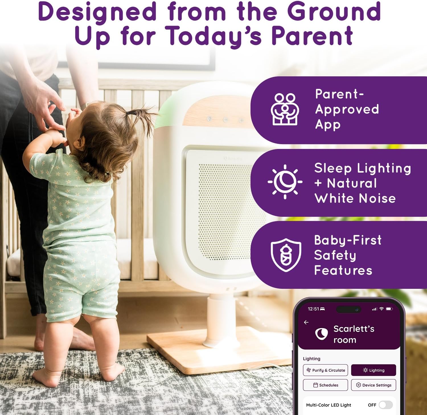 Air Purifier for Baby | Proprietary Safe-Sleep Design | Medical-Grade HEPA Filtration | Laser-Accurate Air Quality & Temp Sensors | Smart Parent-Approved Features