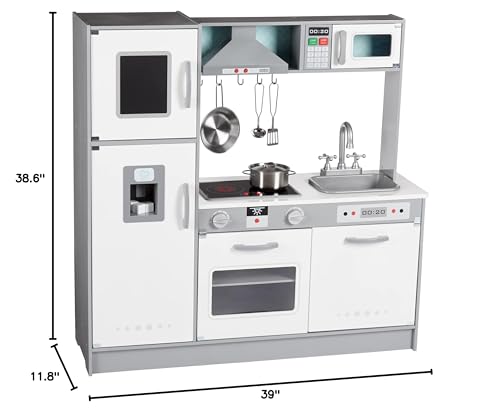 Amazon Basics Kids Corner Wooden Kitchen Toy Playset with Stove, Oven, Sink, Fridge and Accessories, for Toddlers, Preschoolers, Children Age 3+ Years, White & Gray, 39.37"L x 28.35"W x 35.04"H