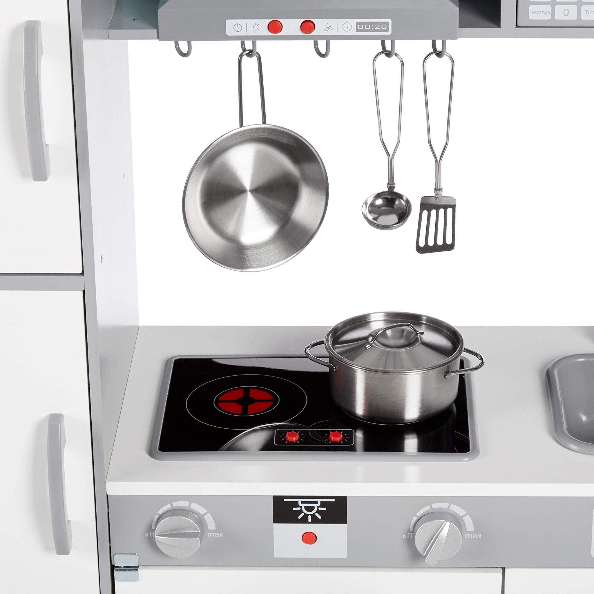 Amazon Basics Kids Corner Wooden Kitchen Toy Playset with Stove, Oven, Sink, Fridge and Accessories, for Toddlers, Preschoolers, Children Age 3+ Years, White & Gray, 39.37"L x 28.35"W x 35.04"H