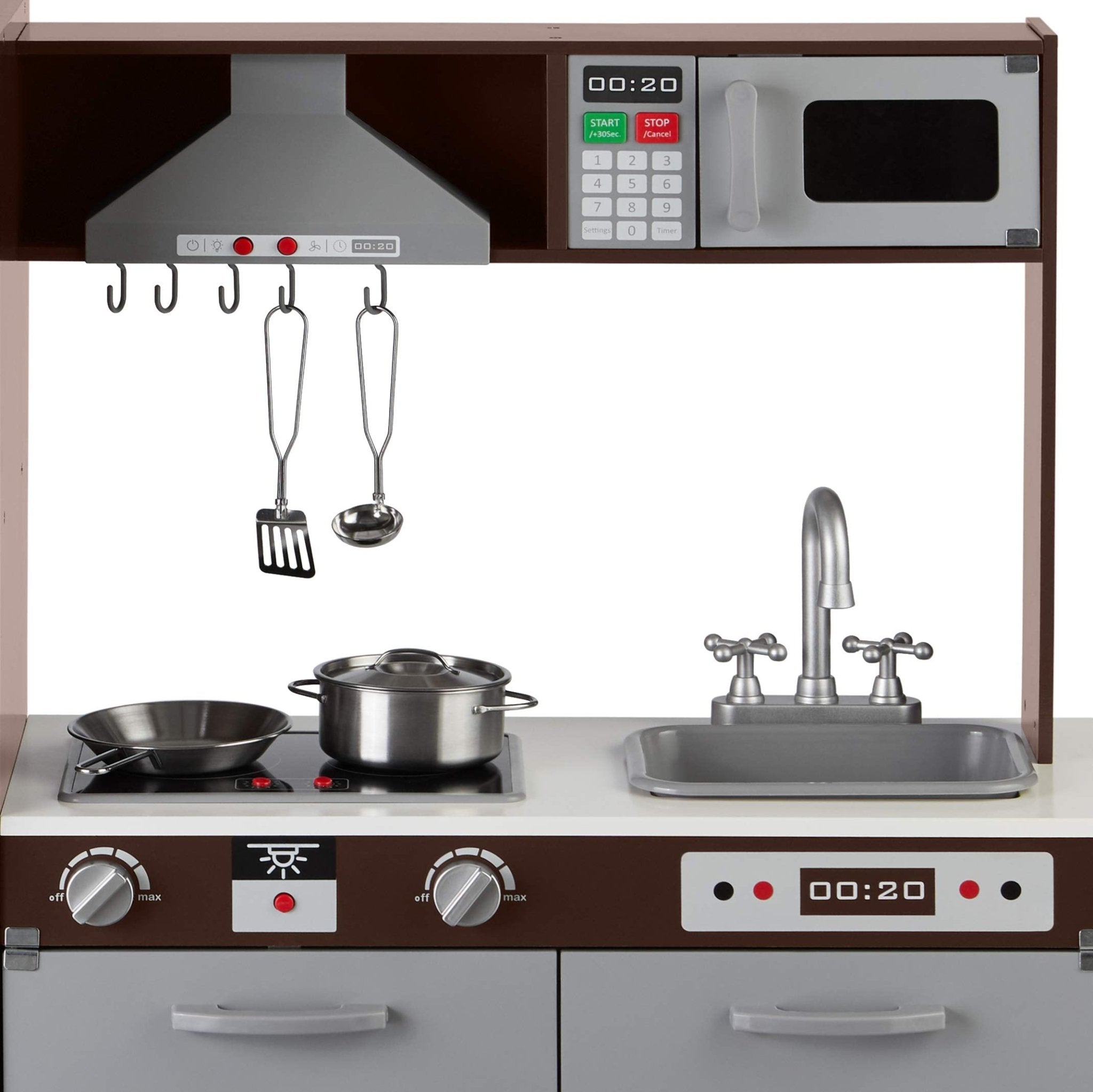 Amazon Basics Kids Corner Wooden Kitchen Toy Playset with Stove, Oven, Sink, Fridge and Accessories, for Toddlers, Preschoolers, Children Age 3+ Years, White & Gray, 39.37"L x 28.35"W x 35.04"H