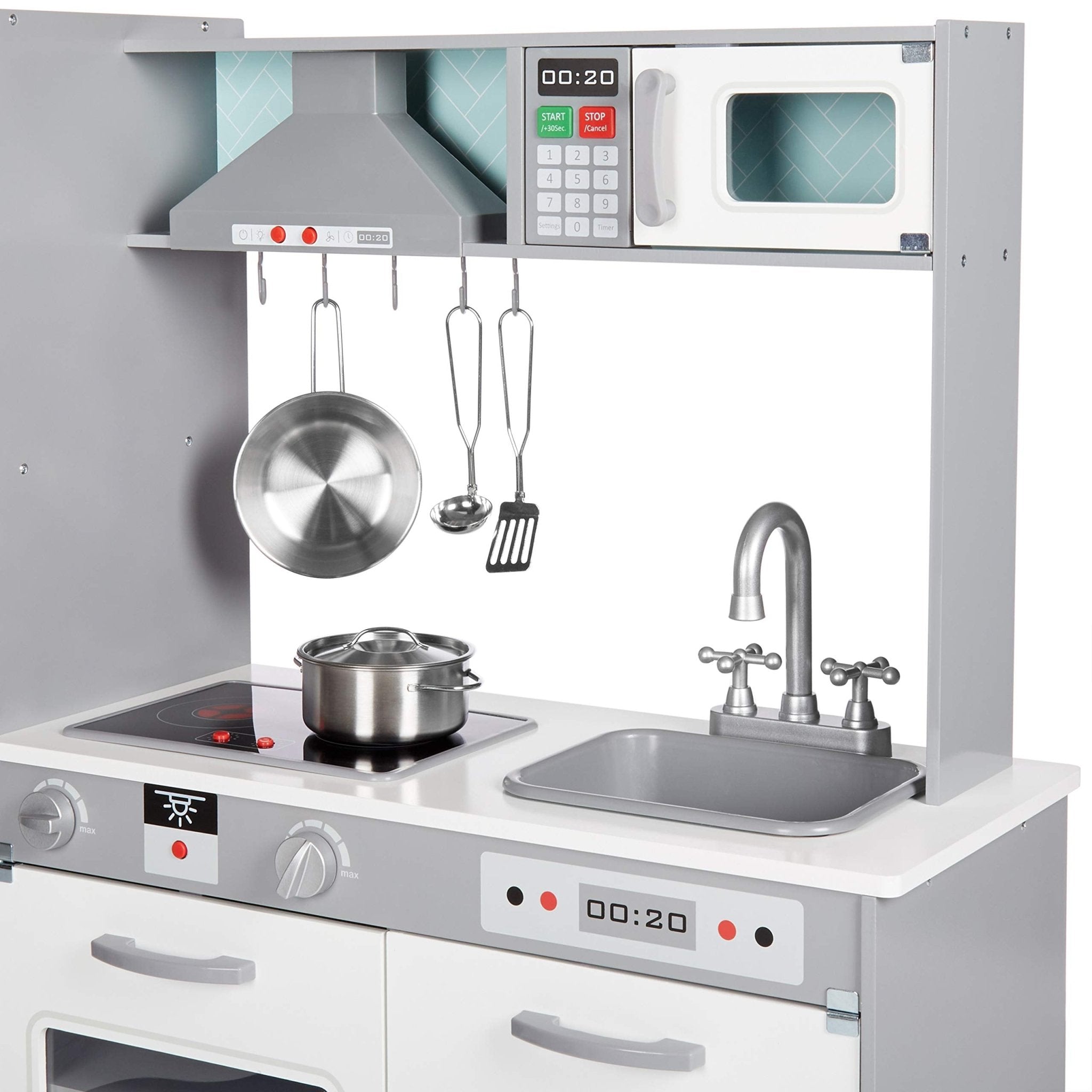 Amazon Basics Kids Corner Wooden Kitchen Toy Playset with Stove, Oven, Sink, Fridge and Accessories, for Toddlers, Preschoolers, Children Age 3+ Years, White & Gray, 39.37"L x 28.35"W x 35.04"H