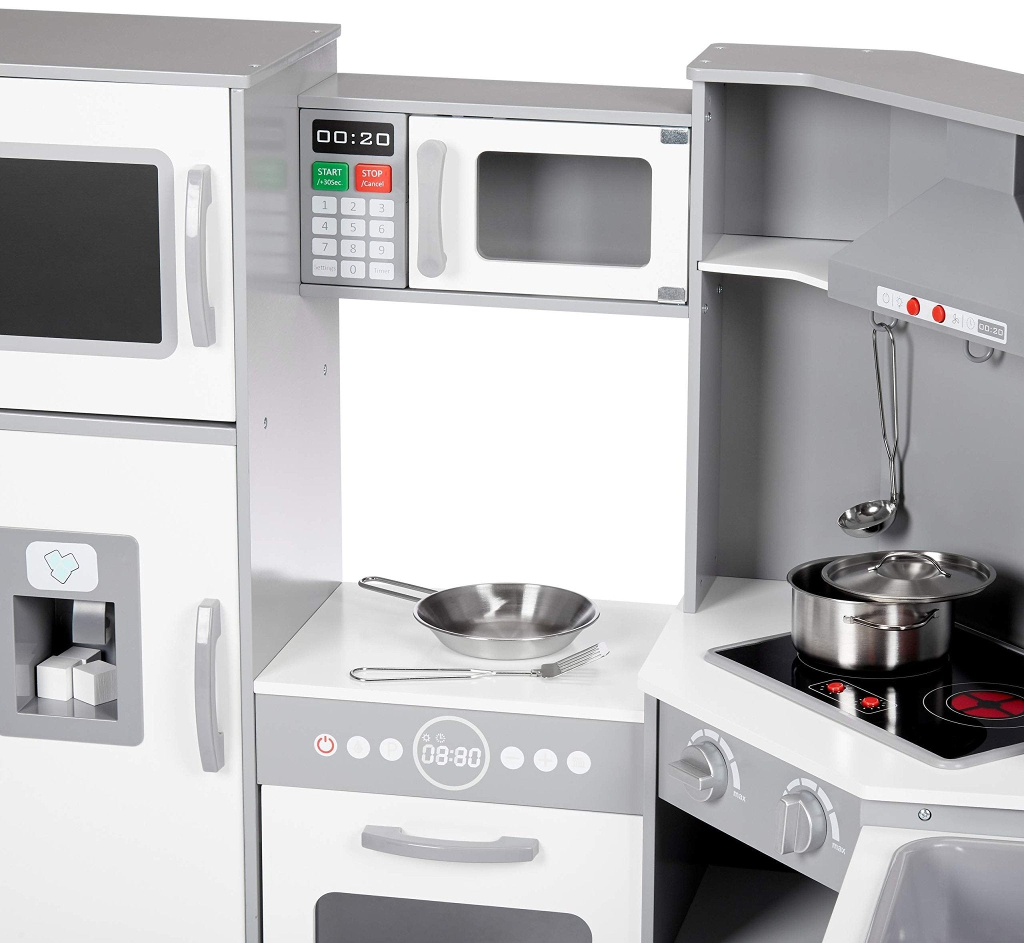 Amazon Basics Kids Corner Wooden Kitchen Toy Playset with Stove, Oven, Sink, Fridge and Accessories, for Toddlers, Preschoolers, Children Age 3+ Years, White & Gray, 39.37"L x 28.35"W x 35.04"H