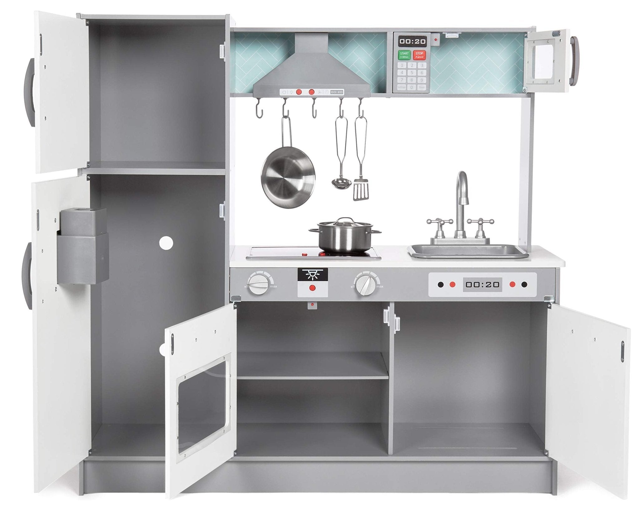 Amazon Basics Kids Corner Wooden Kitchen Toy Playset with Stove, Oven, Sink, Fridge and Accessories, for Toddlers, Preschoolers, Children Age 3+ Years, White & Gray, 39.37"L x 28.35"W x 35.04"H