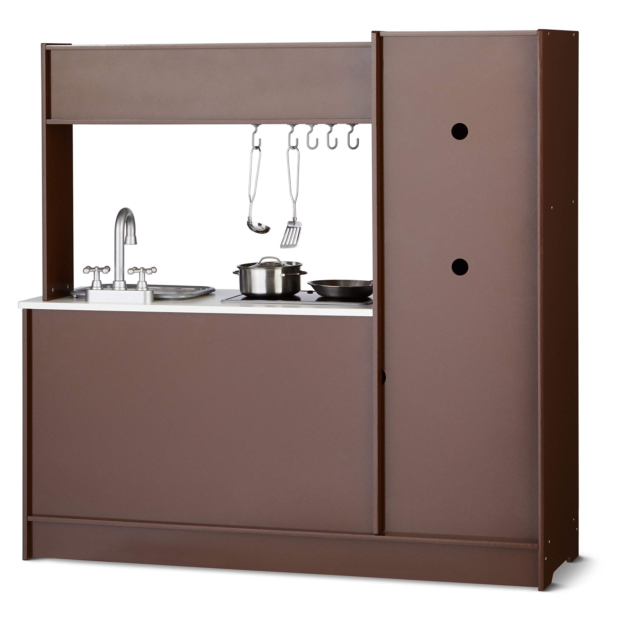 Amazon Basics Kids Corner Wooden Kitchen Toy Playset with Stove, Oven, Sink, Fridge and Accessories, for Toddlers, Preschoolers, Children Age 3+ Years, White & Gray, 39.37"L x 28.35"W x 35.04"H