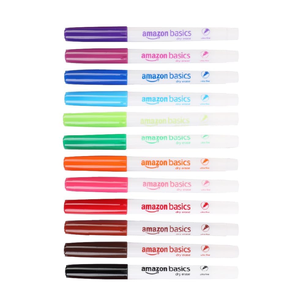 Amazon Basics Low Odor Ultra Fine Tip Dry Erase White Board Markers, Assorted Colors, 12-Pack
