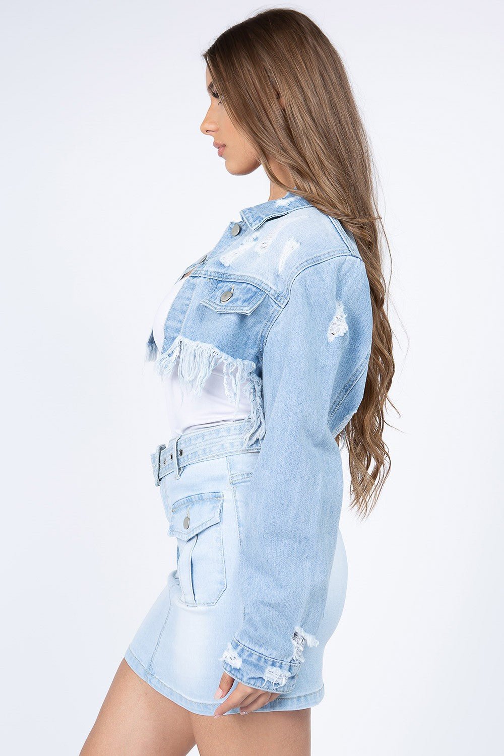 American Bazi Distressed Denim Jacket with Frayed Hem Women's Clothing Material composition: 100% cotton