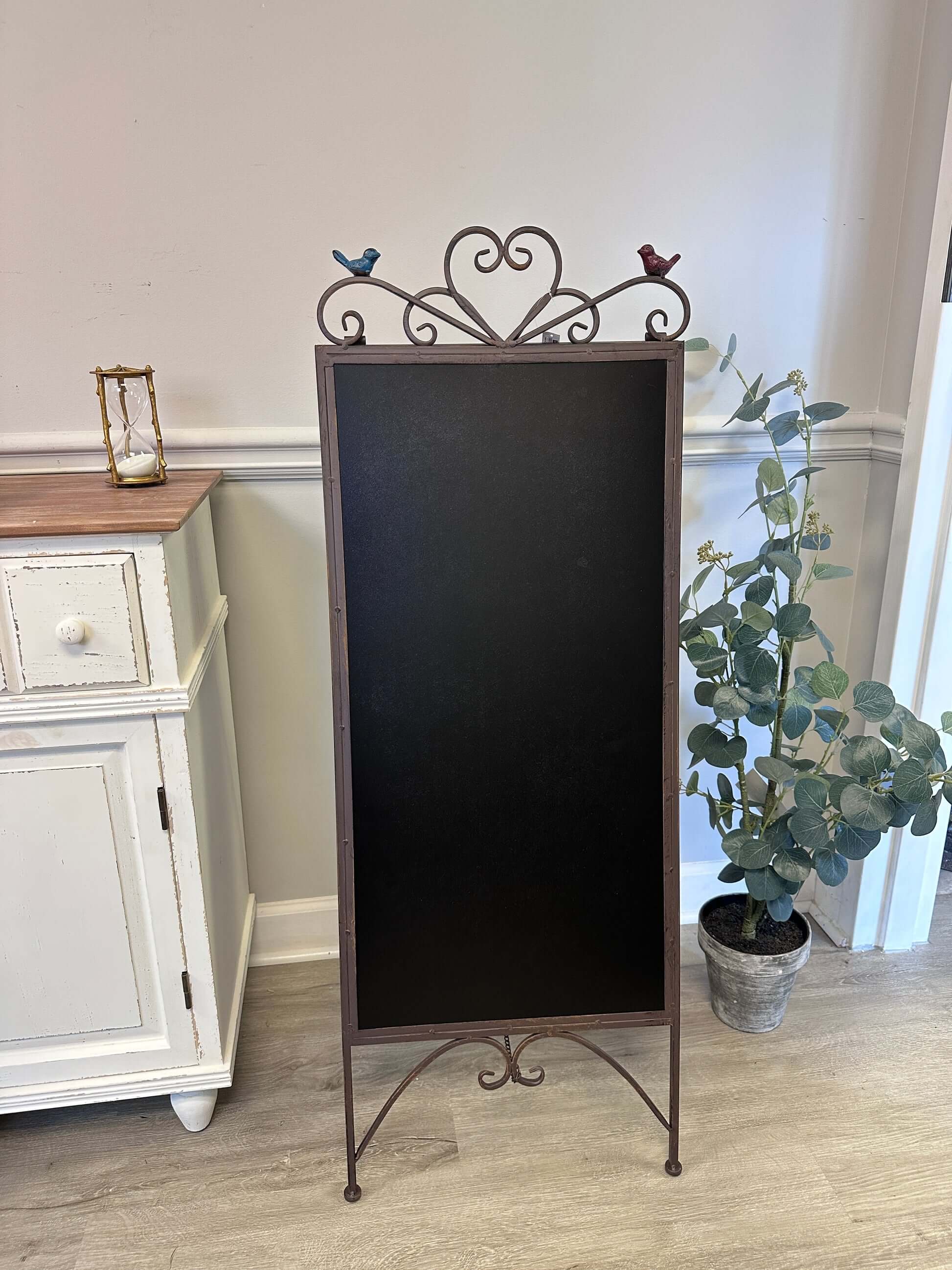Antique Iron Chalkboard Easel with Heart Scroll and Birds
