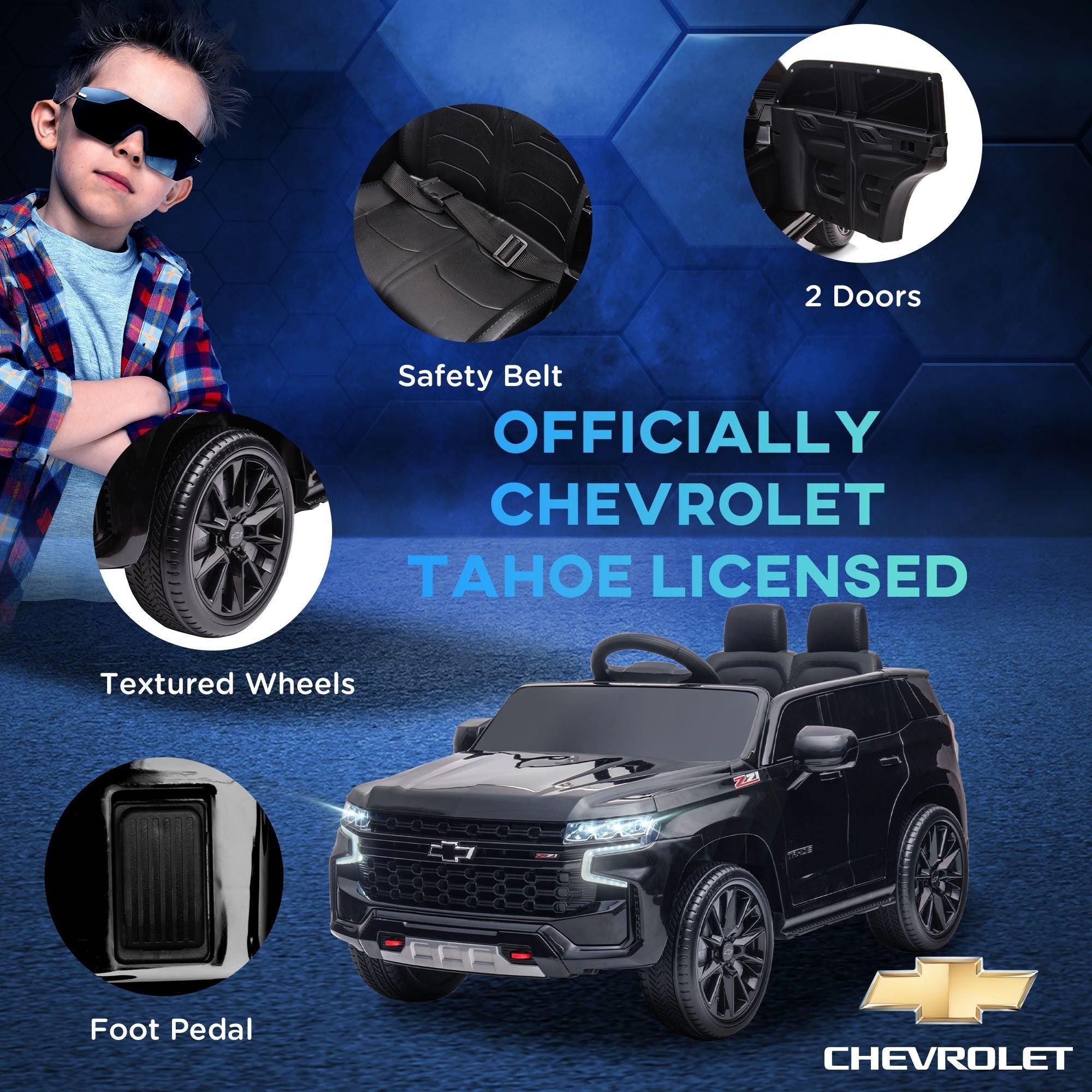 Aosom Chevrolet TAHOE Licensed Kids Ride on Car, 12V Battery Powered Kids Electric Car with Remote Control, Music, Lights, Horn, Suspension for 3-6 Years Old, Black