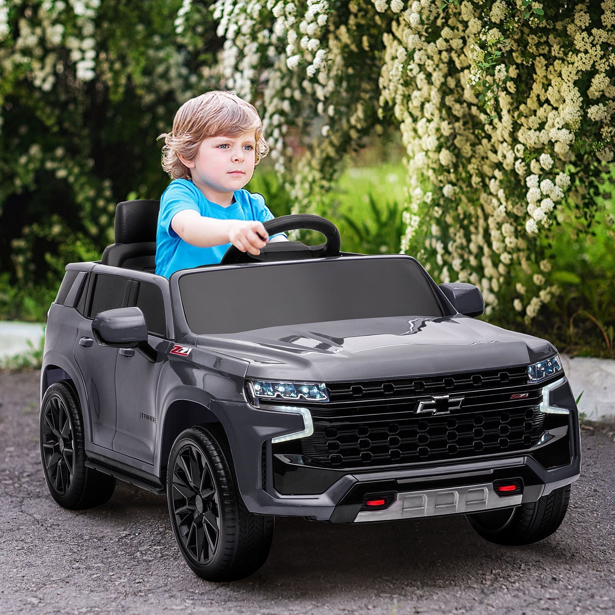 Aosom Chevrolet TAHOE Licensed Kids Ride on Car, 12V Battery Powered Kids Electric Car with Remote Control, Music, Lights, Horn, Suspension for 3-6 Years Old, Gray