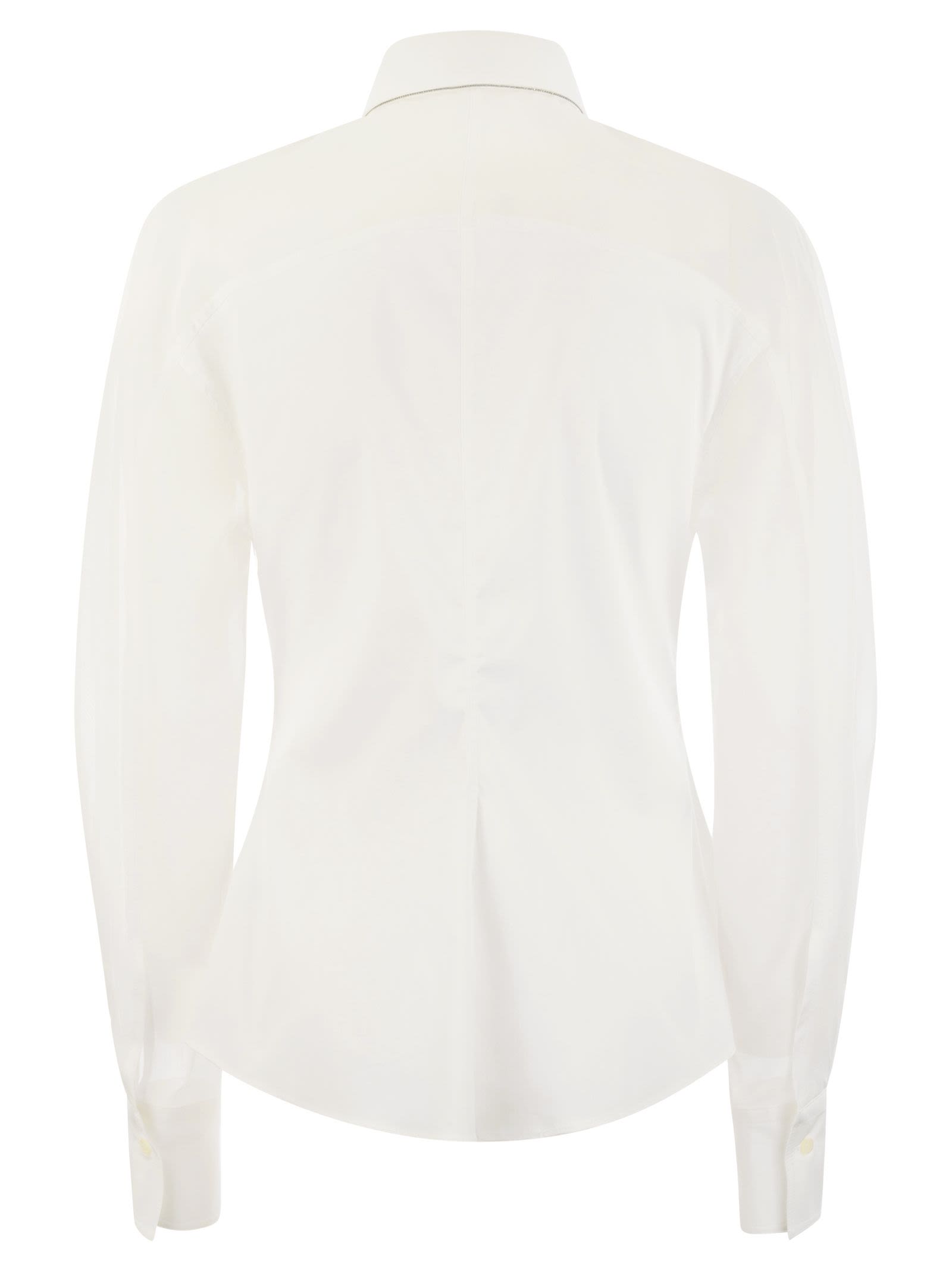 Brunello Cucinelli Women Stretch Cotton Poplin Shirt With Cotton Organza Sleeves And Necklace