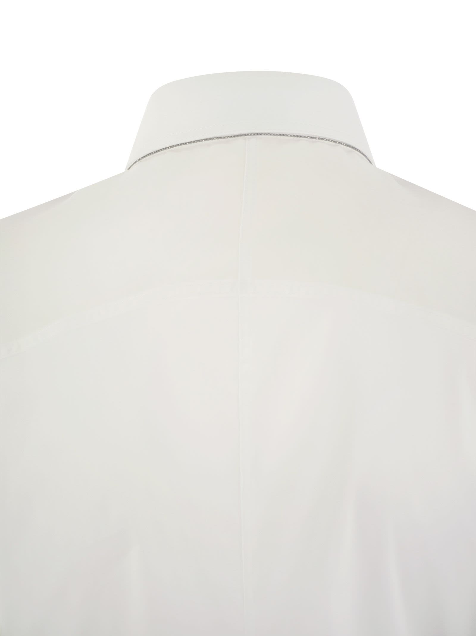 Brunello Cucinelli Women Stretch Cotton Poplin Shirt With Cotton Organza Sleeves And Necklace