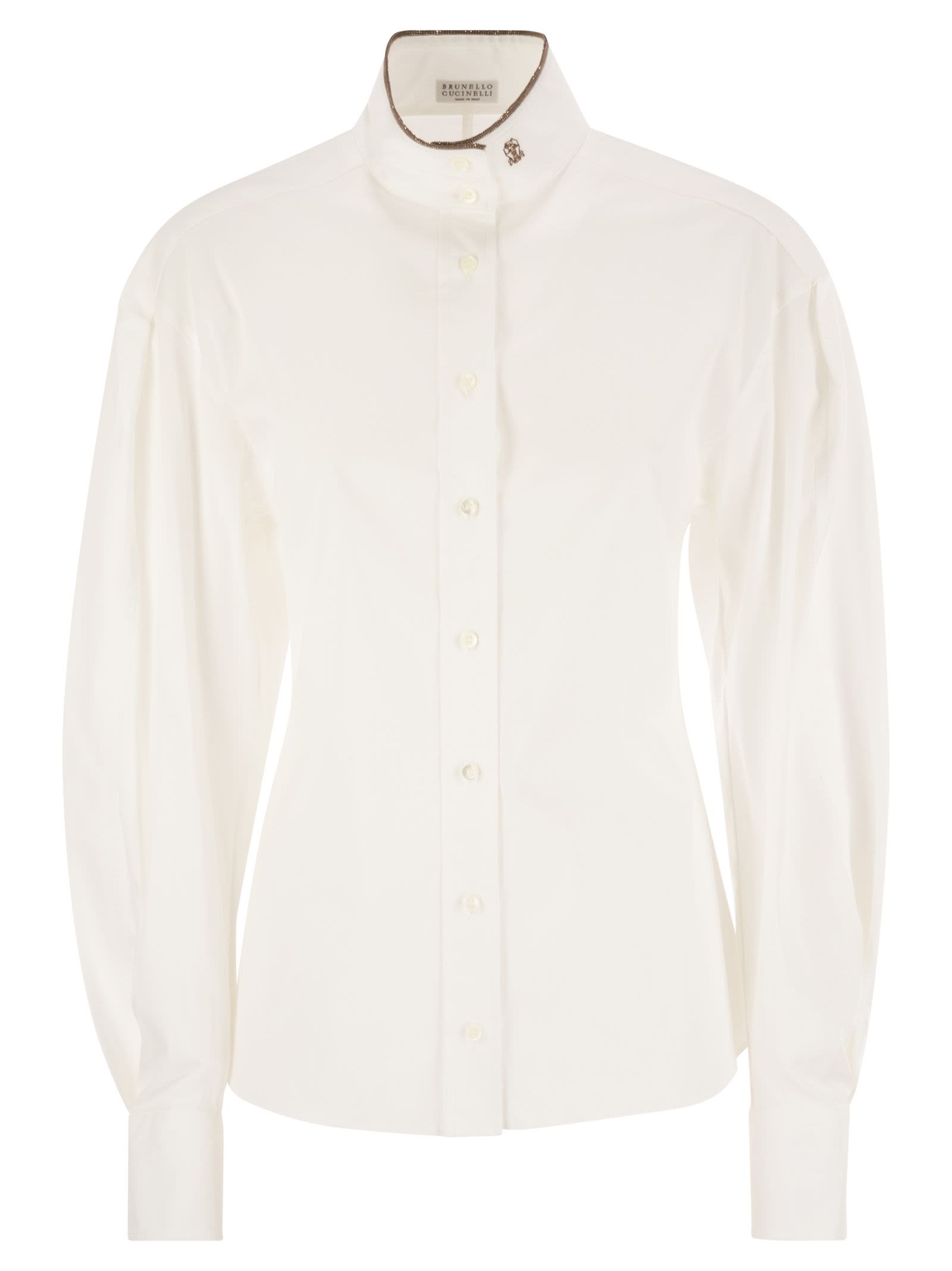 Brunello Cucinelli Women Stretch Cotton Poplin Shirt With Shiny Collar Detail