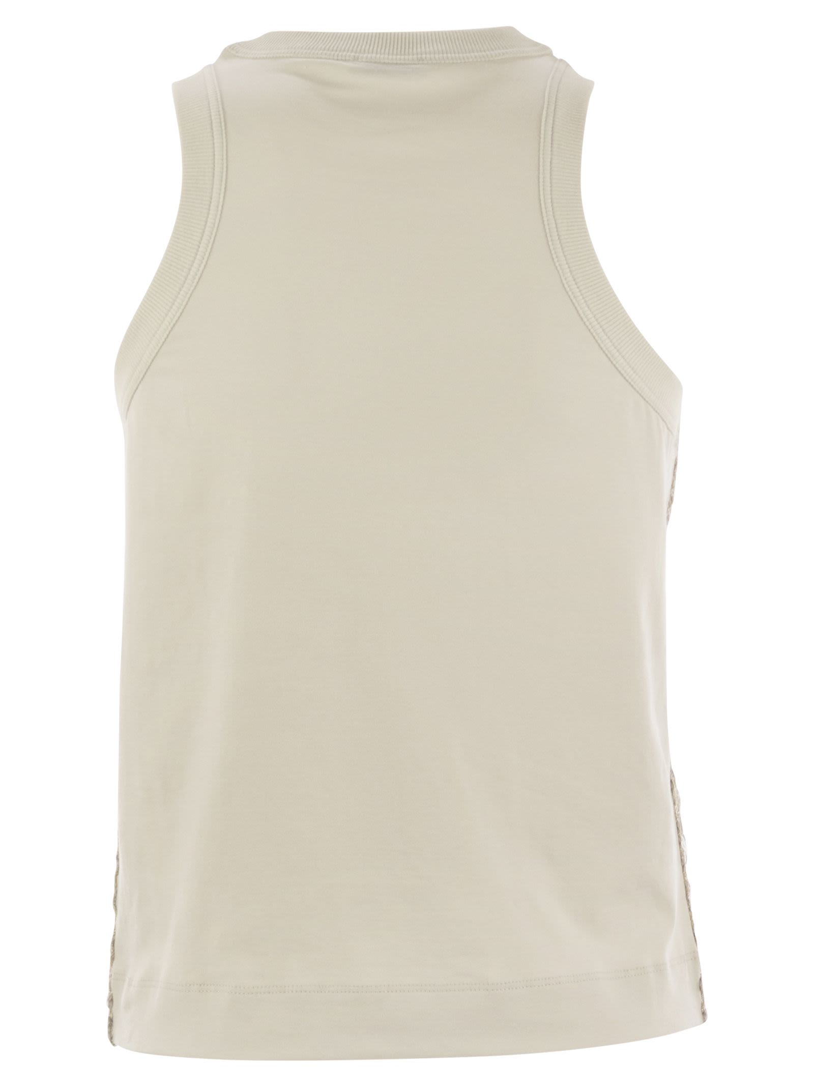 Brunello Cucinelli Women Stretch Cotton Jersey Top With Dazzling Net Embroidery