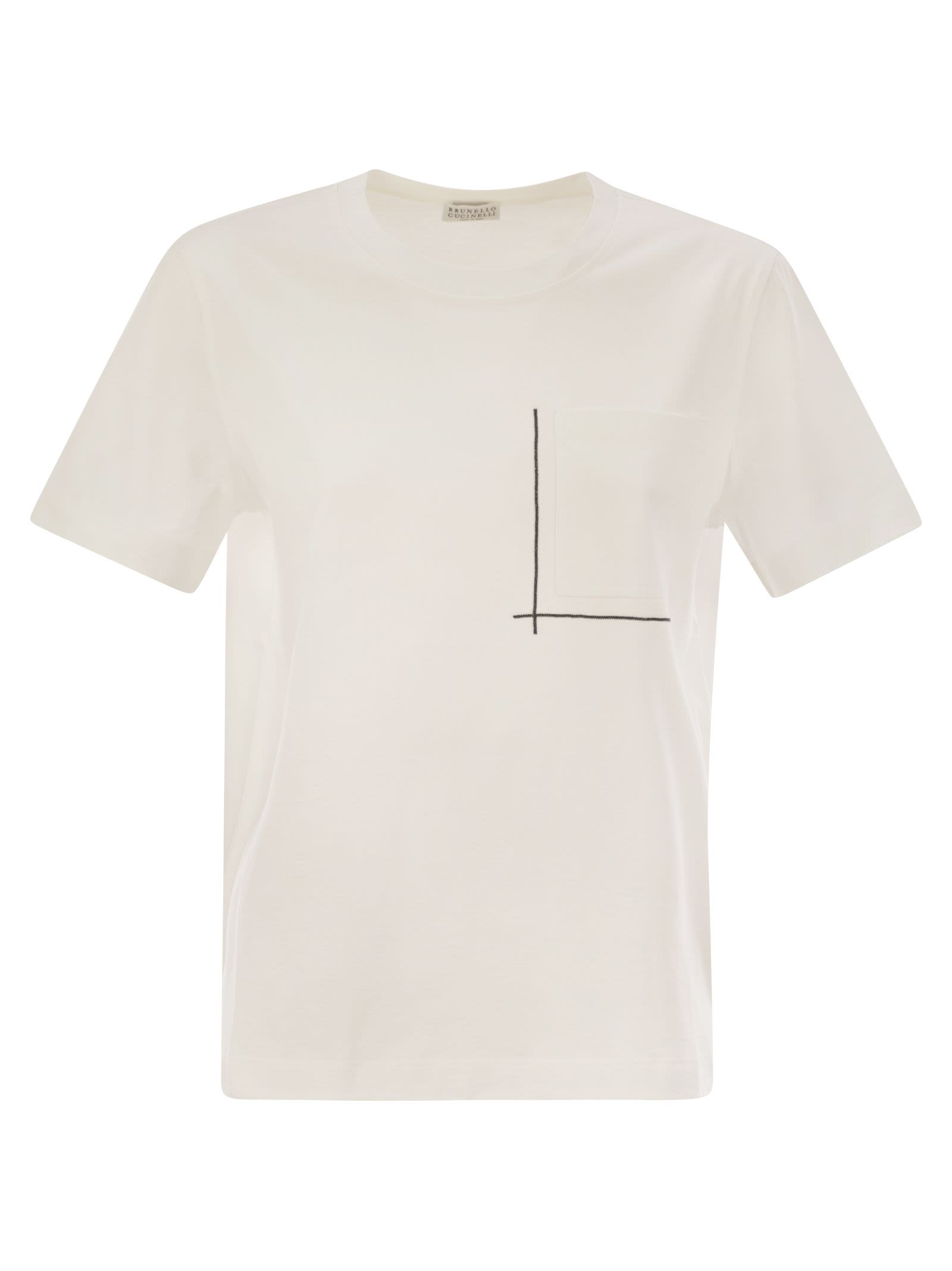 Brunello Cucinelli Women Cotton Jersey T-Shirt With Shiny Pocket Detail