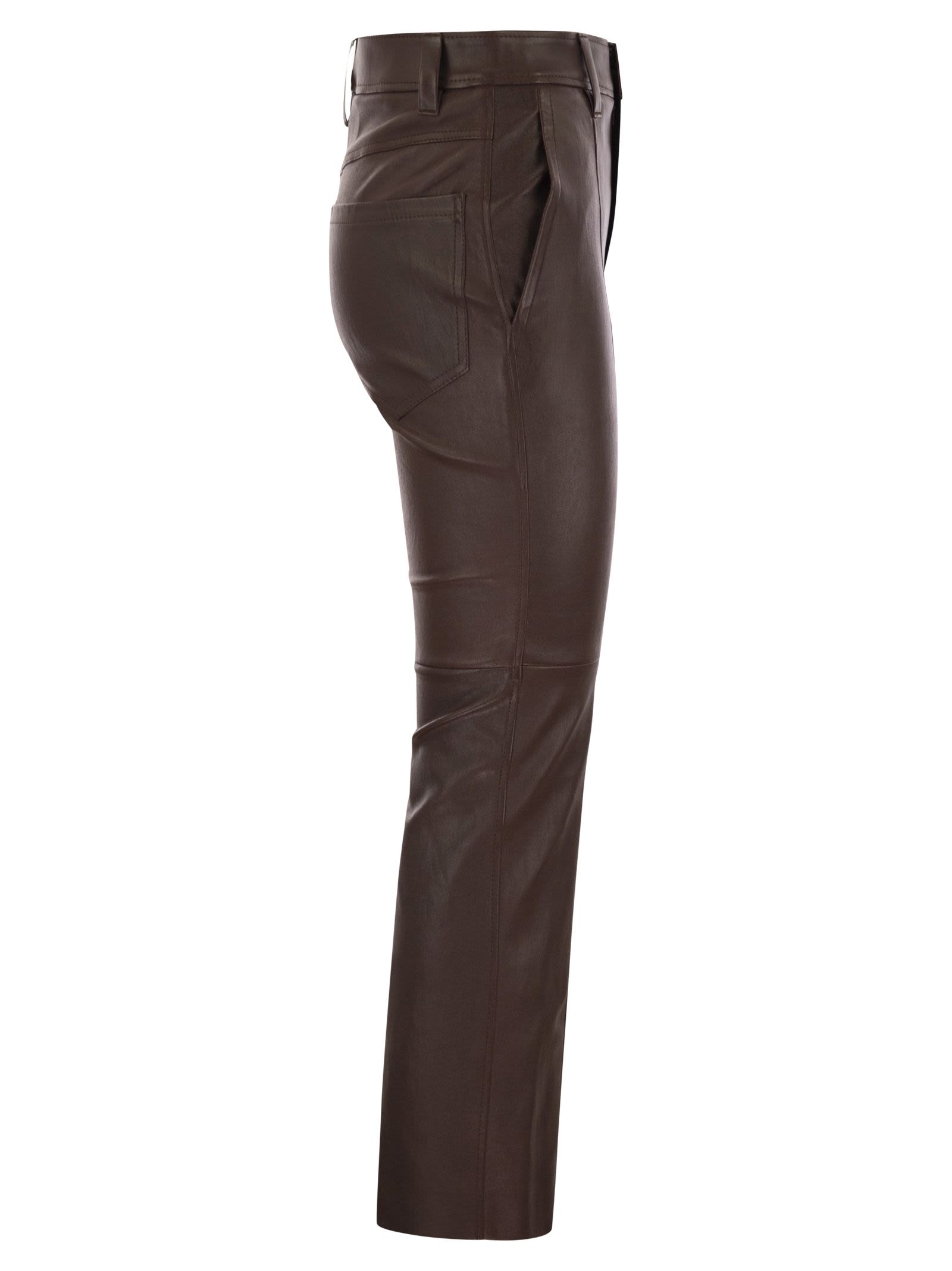 Brunello Cucinelli Women Stretch Nappa Leather Square Cigarette Trousers With Jewellery