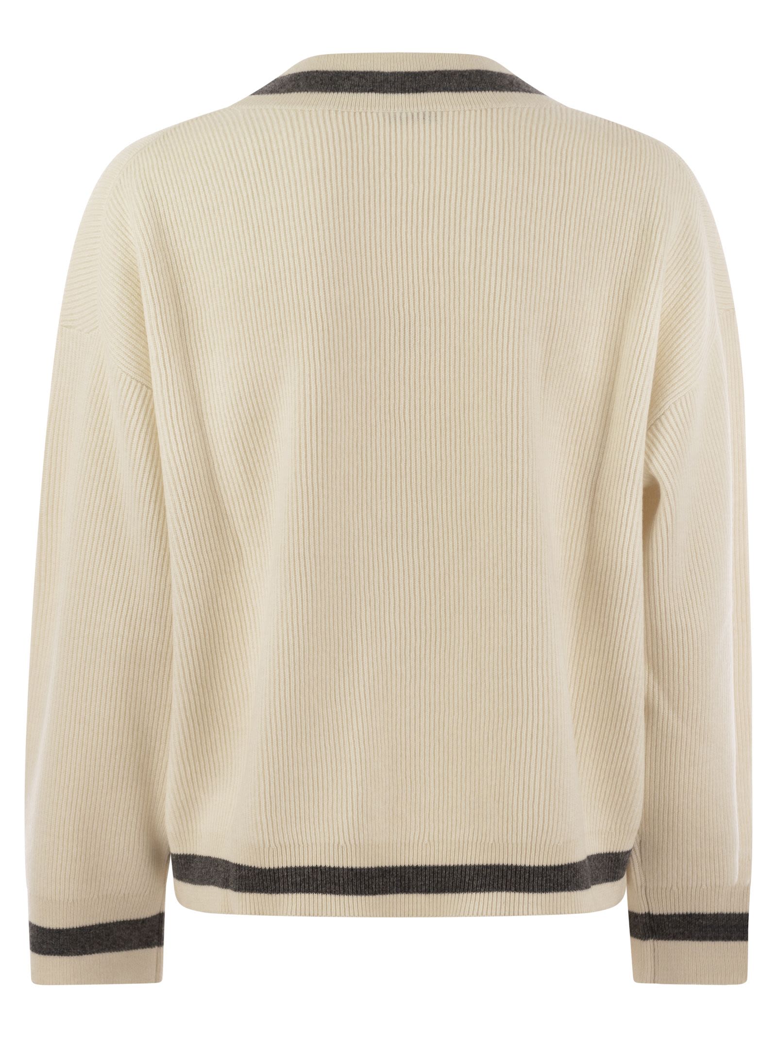 Brunello Cucinelli Women Ribbed Cashmere Sweater With Contrasting Stripe