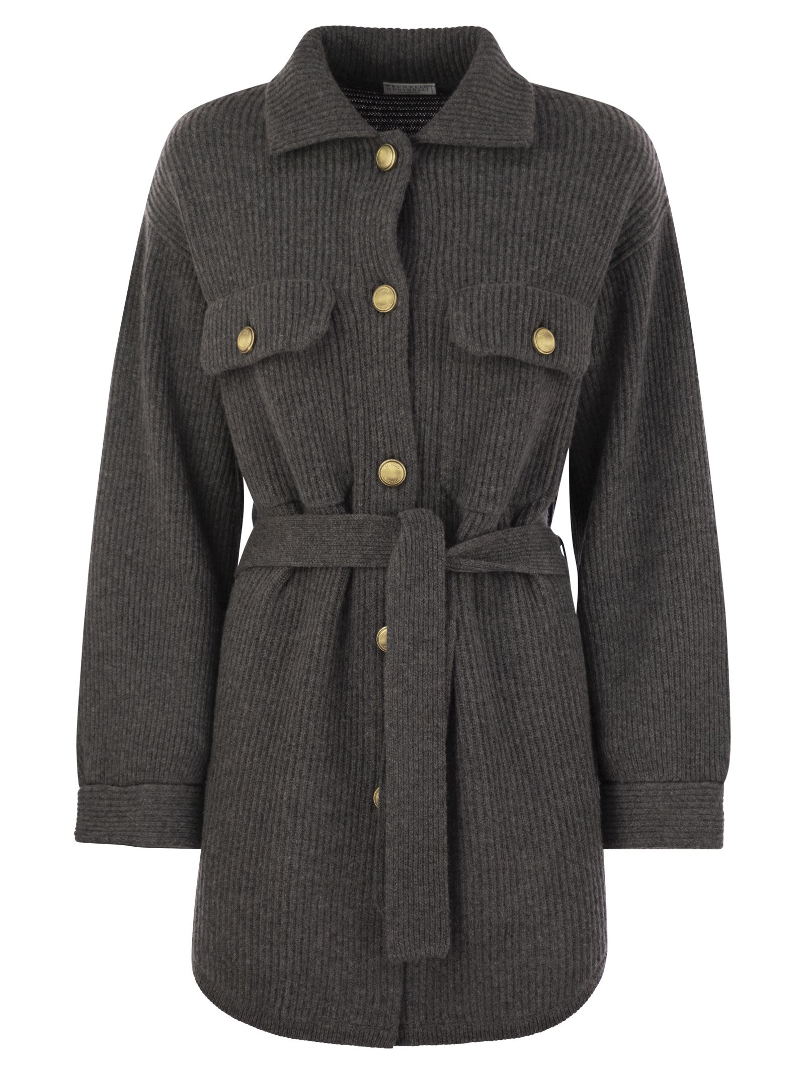 Brunello Cucinelli Women Cardigan In Virgin Wool, Cashmere And Silk English Rib With Metal Buttons And Belt