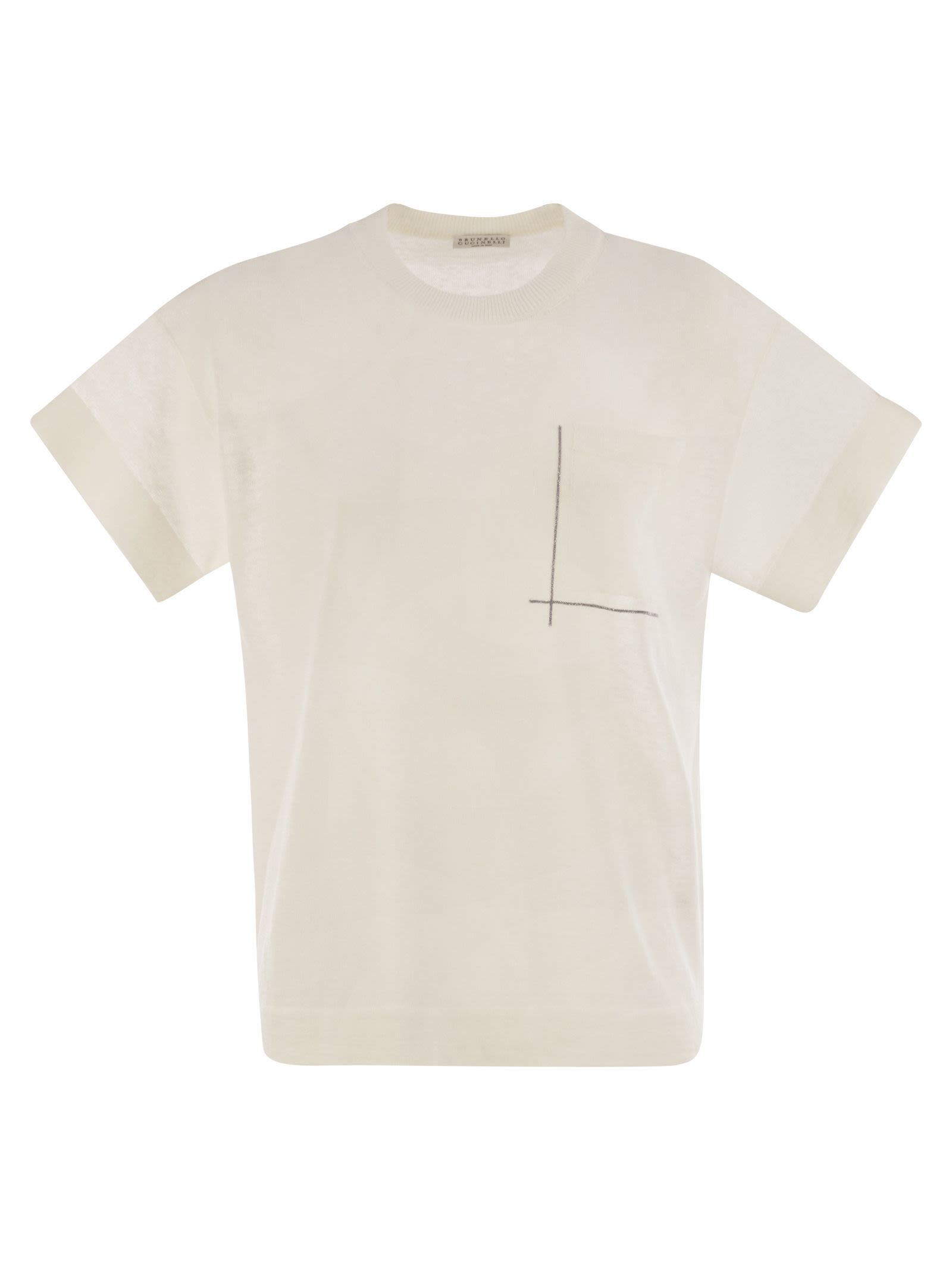 Brunello Cucinelli Women Linen-Blend T-Shirt With Shiny Pocket Detail