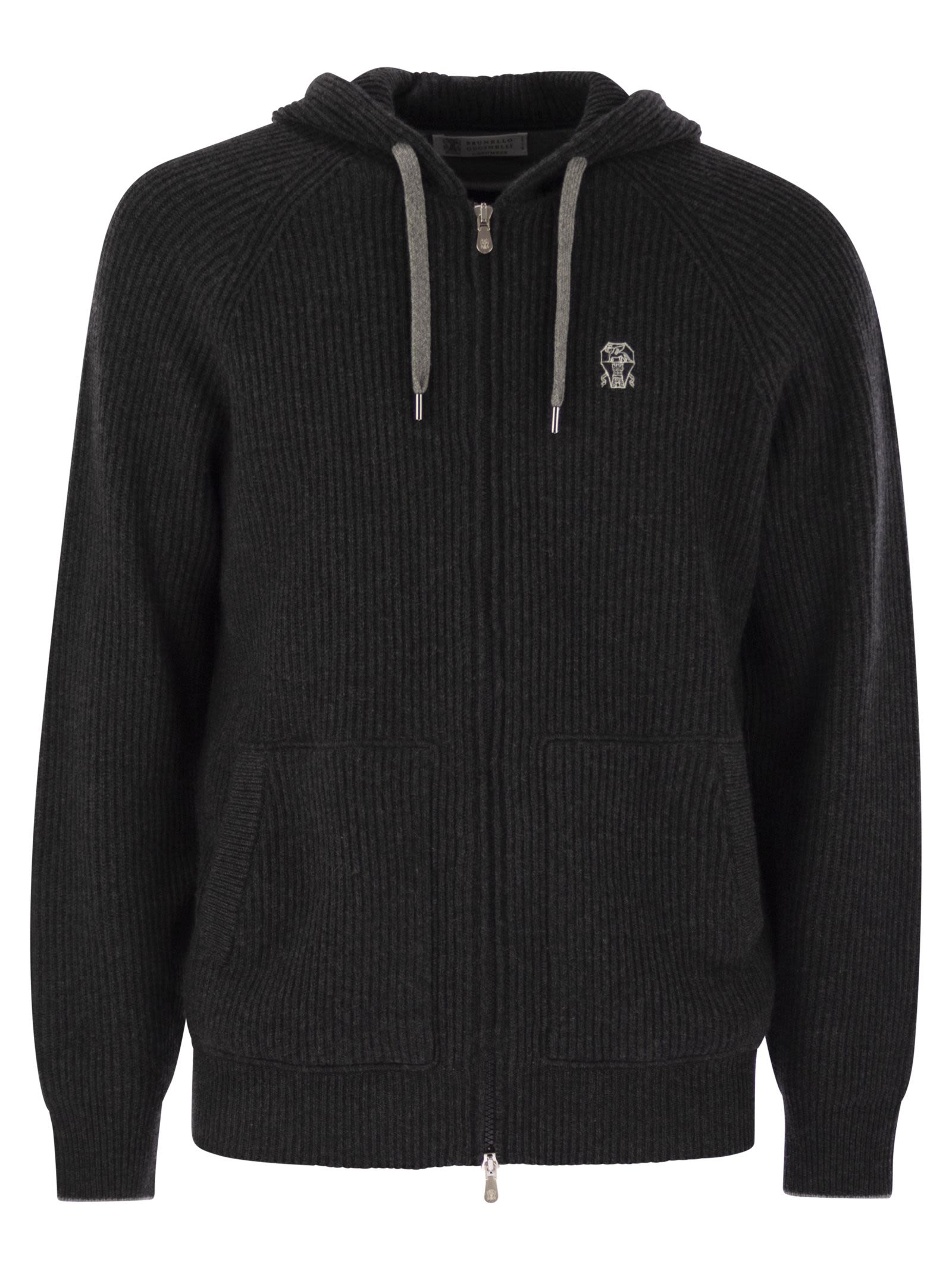 Brunello Cucinelli Men English Rib Cashmere Knit Hooded Topwear