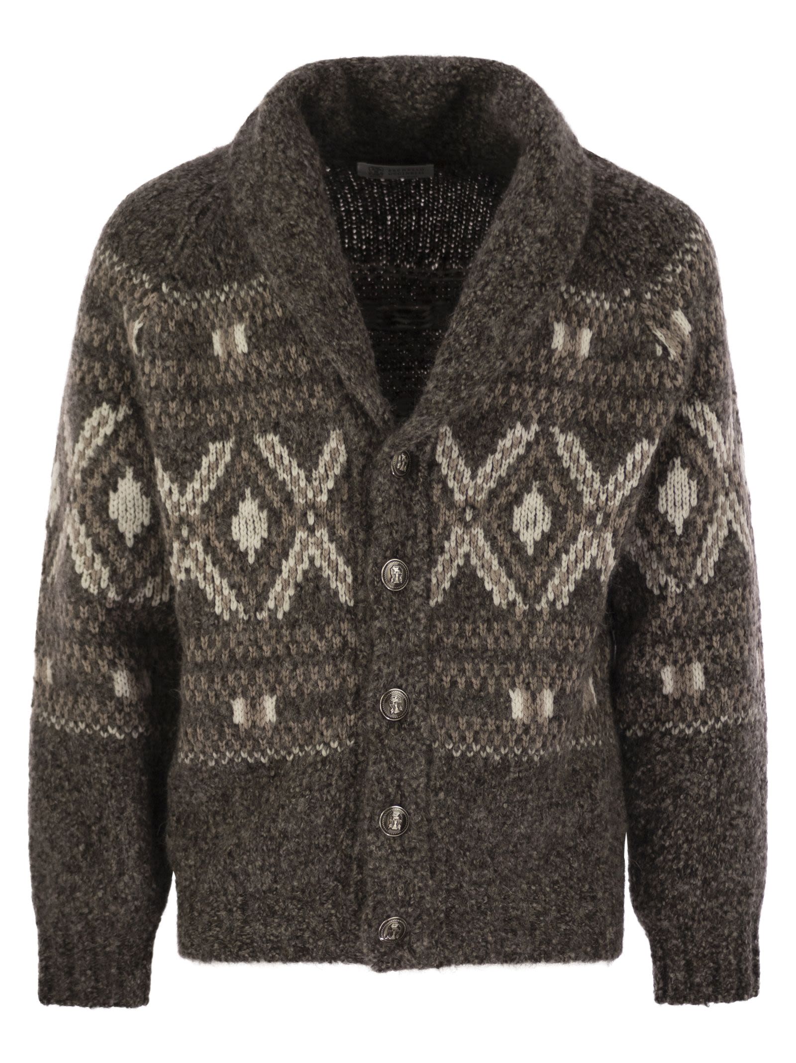 Brunello Cucinelli Men Geometric Jacquard Cardigan In Alpaca, Virgin Wool And Cashmere With Metal Buttons