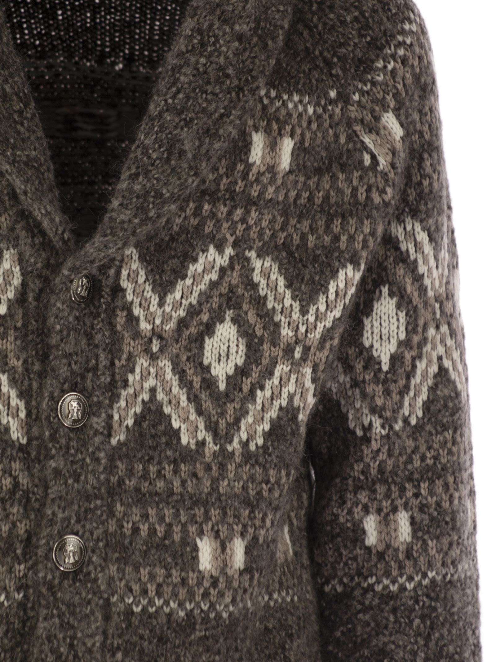 Brunello Cucinelli Men Geometric Jacquard Cardigan In Alpaca, Virgin Wool And Cashmere With Metal Buttons