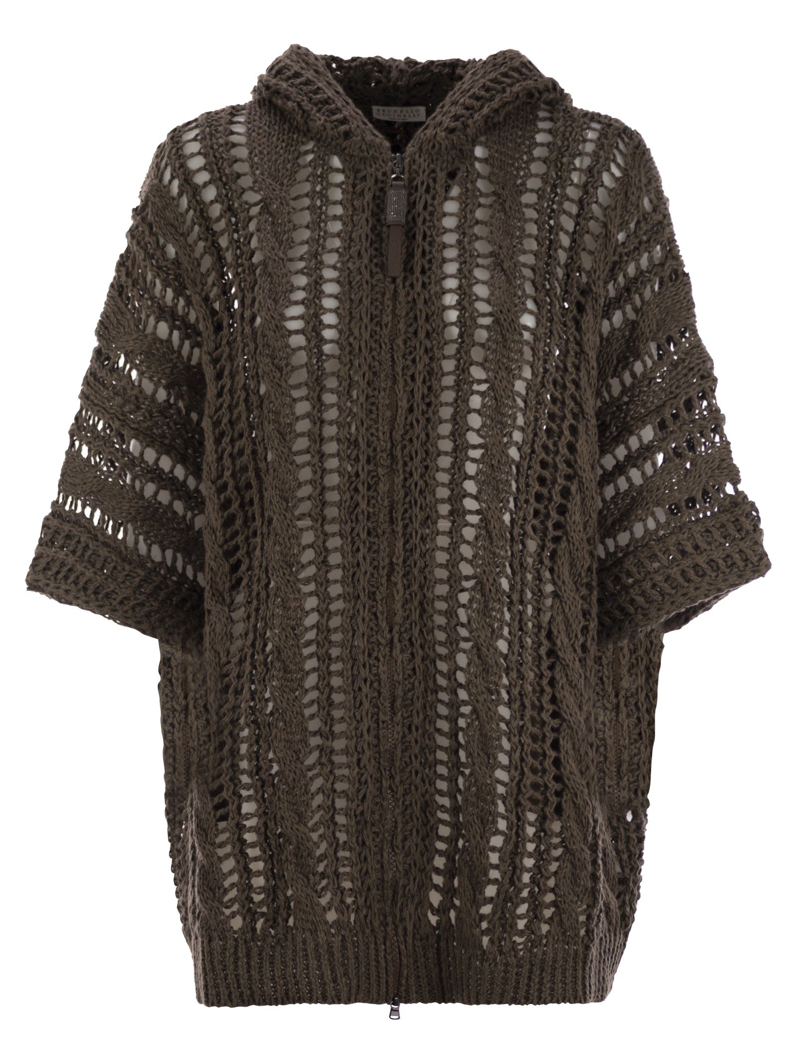 Brunello Cucinelli Women Cable & Mesh Jute And Cotton Cardigan With Hood And Shiny Zipper Pull
