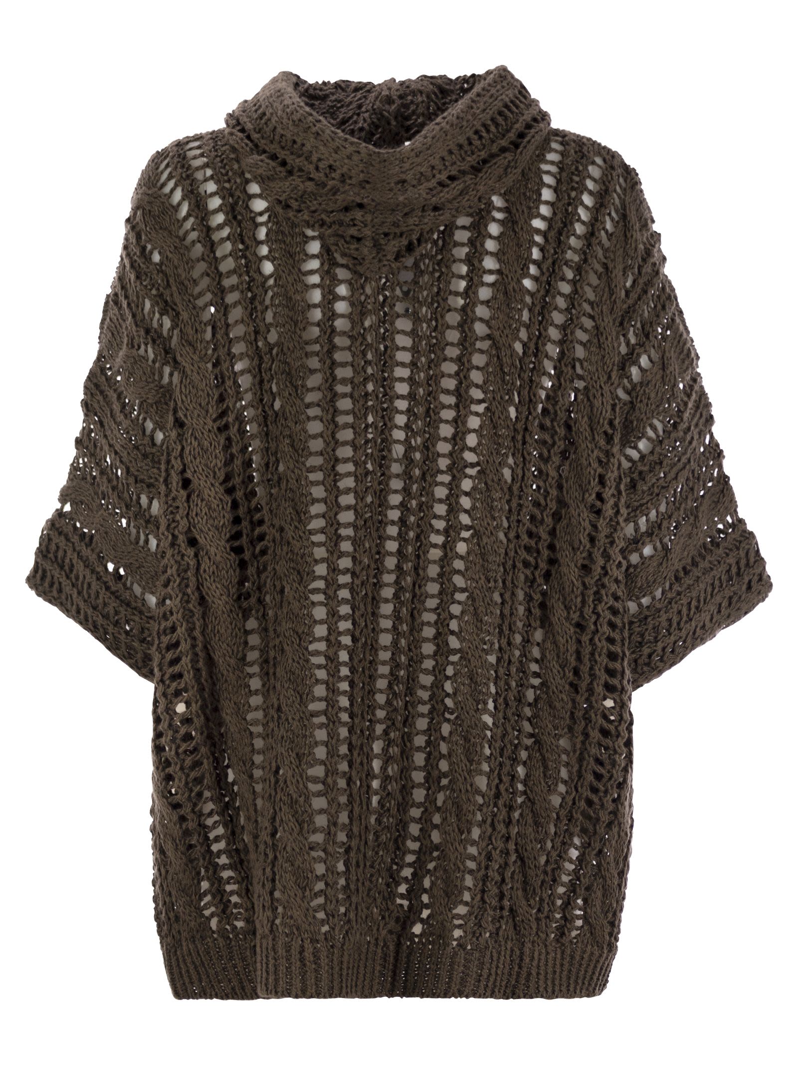 Brunello Cucinelli Women Cable & Mesh Jute And Cotton Cardigan With Hood And Shiny Zipper Pull
