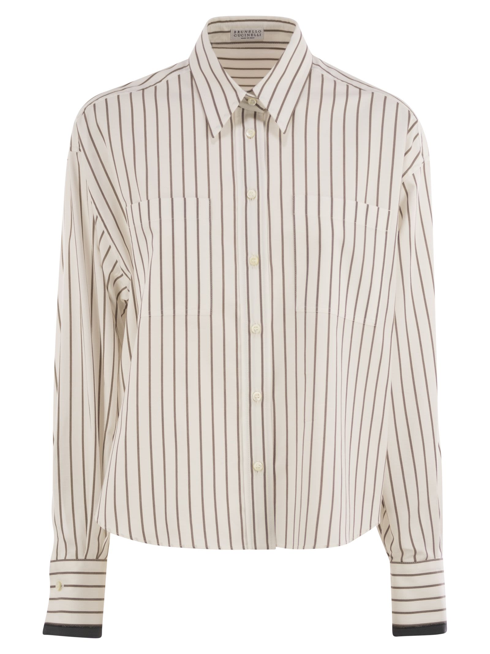 Brunello Cucinelli Women Striped Cotton Twill Shirt With Shiny Cuffs