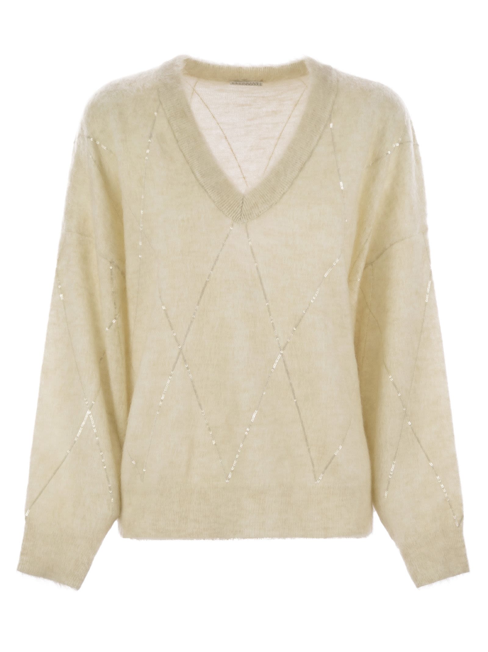 Brunello Cucinelli Women Mohair, Wool, Cashmere And Silk Sweater With Dazzling Argyle Embroidery