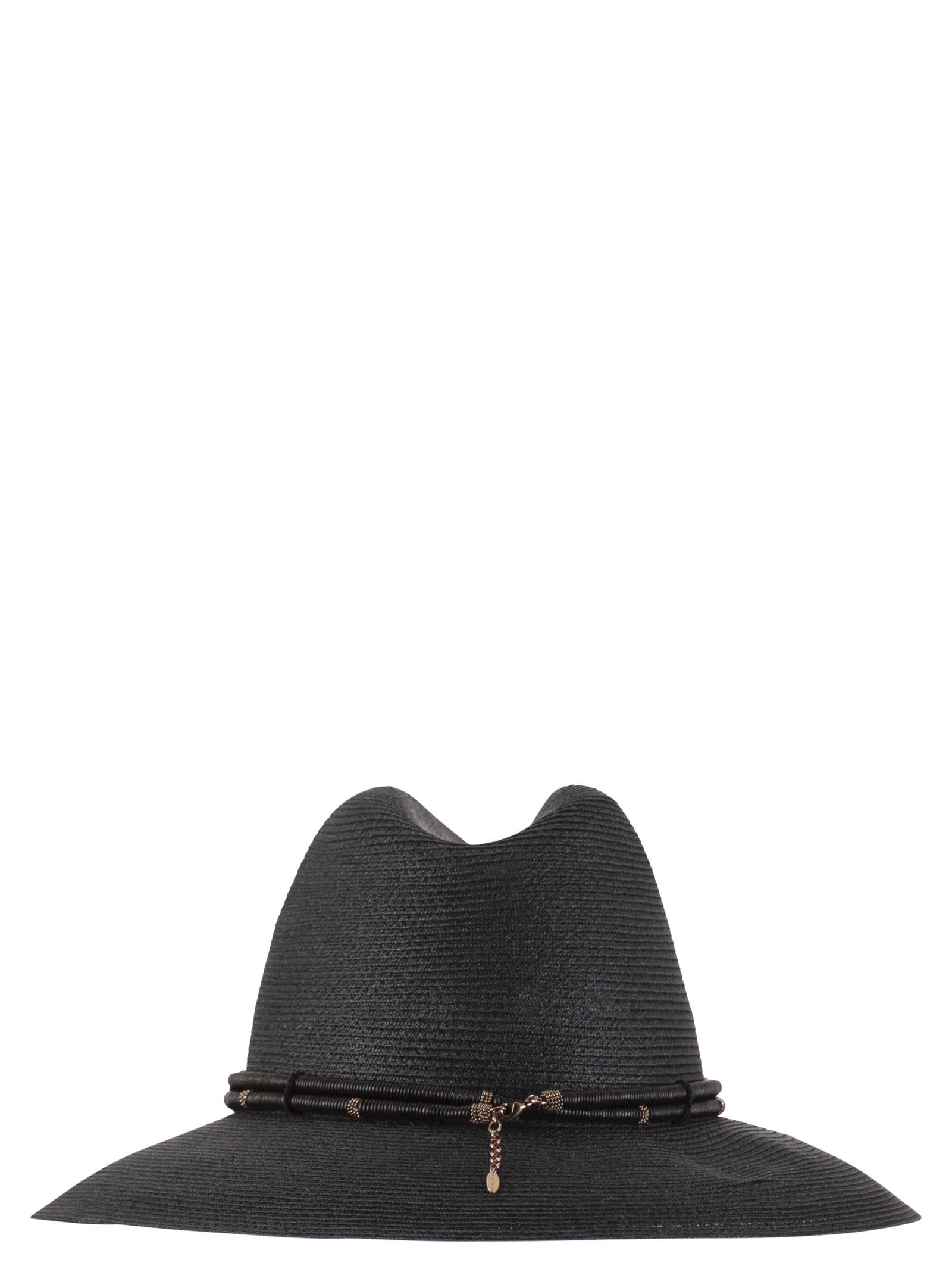 Brunello Cucinelli Women Fedora Made Of Hemp And Techno Cotton With Leather Band And Necklace