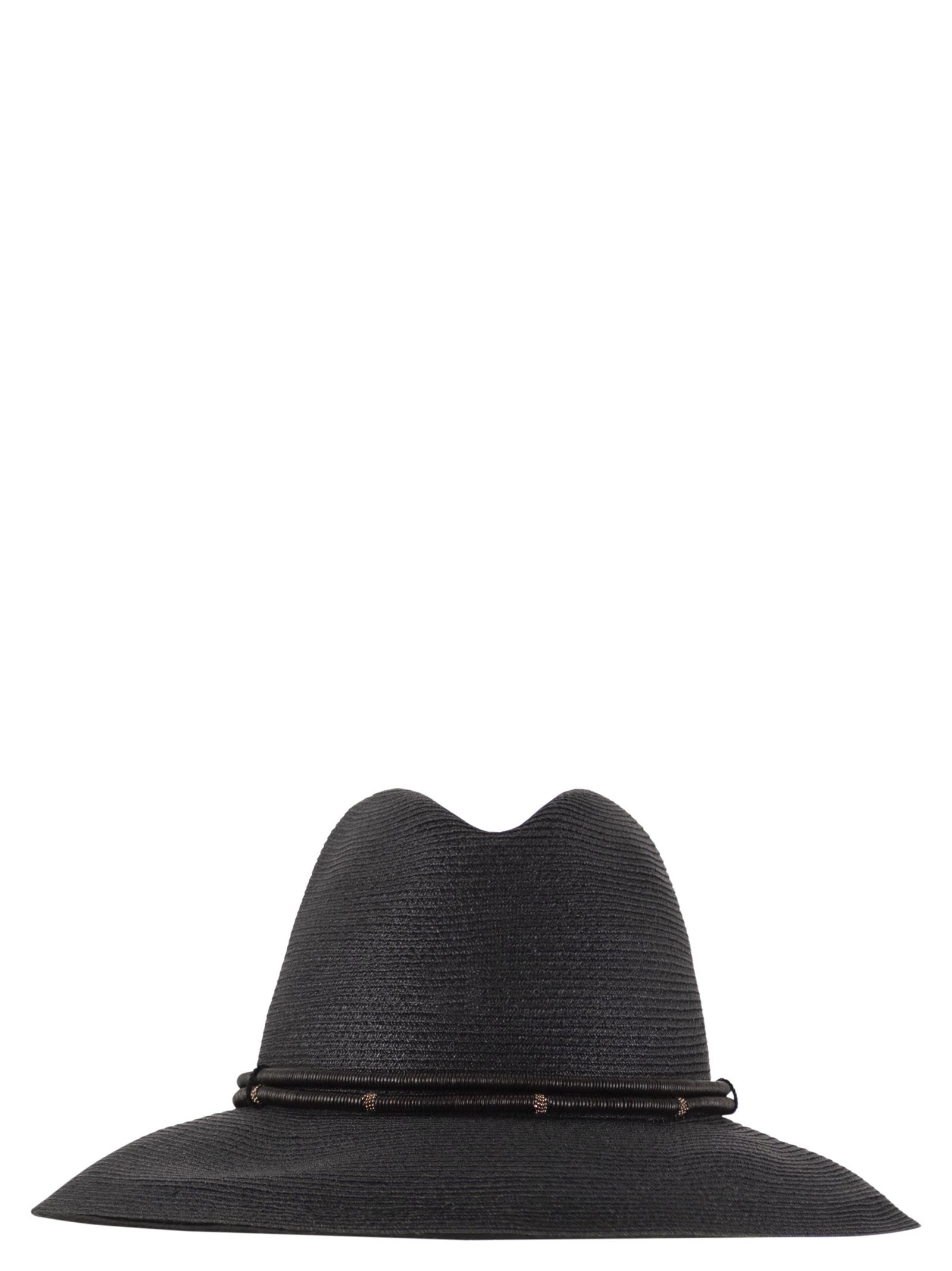 Brunello Cucinelli Women Fedora Made Of Hemp And Techno Cotton With Leather Band And Necklace