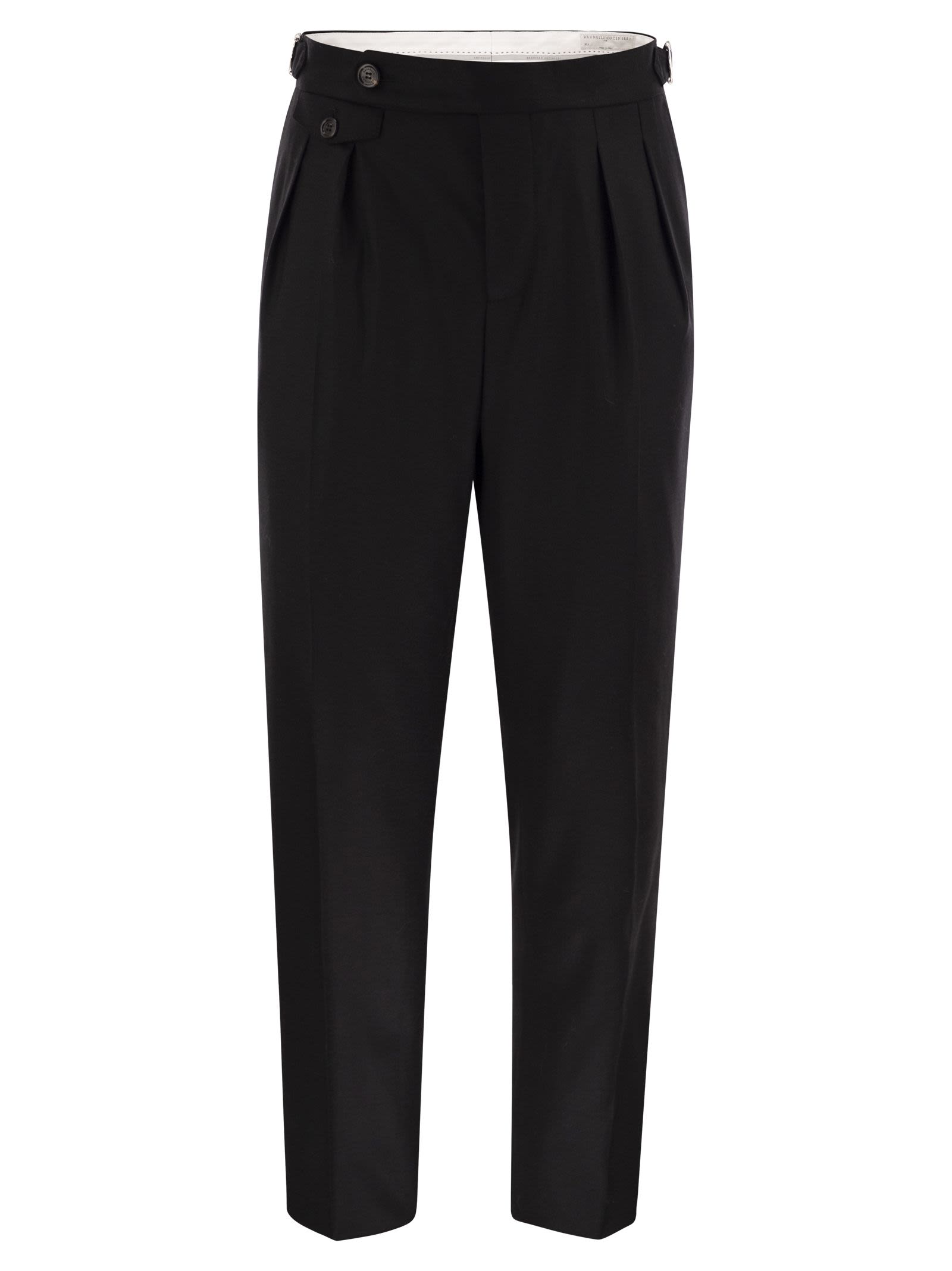 Brunello Cucinelli Men Tailor-Fit Trousers In Virgin Wool Canvas With Double Inverted Darts And Buckles On The Side