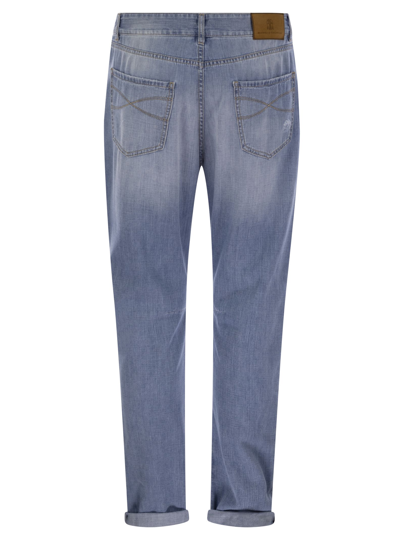 Brunello Cucinelli Men Five-Pocket Leisure Fit Trousers In Lightweight Old Denim With Rips