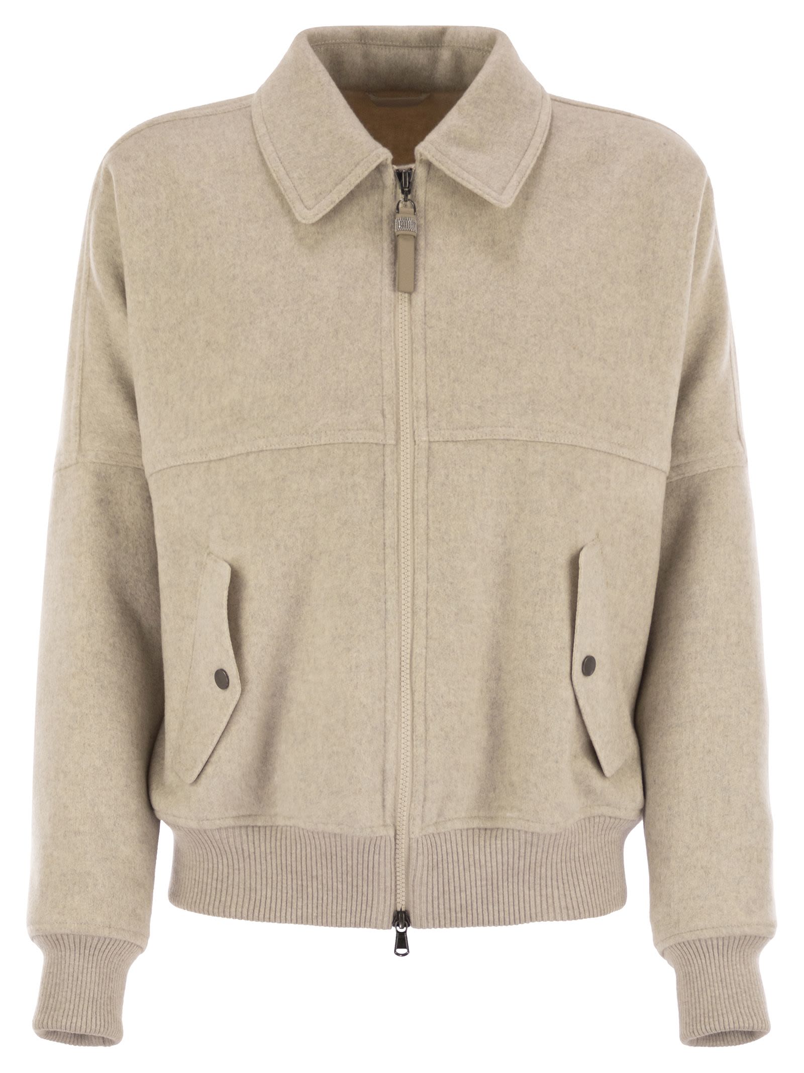 Brunello Cucinelli Women Double Cashmere And Wool Cloth Bomber Jacket With Shiny Zipper Pull